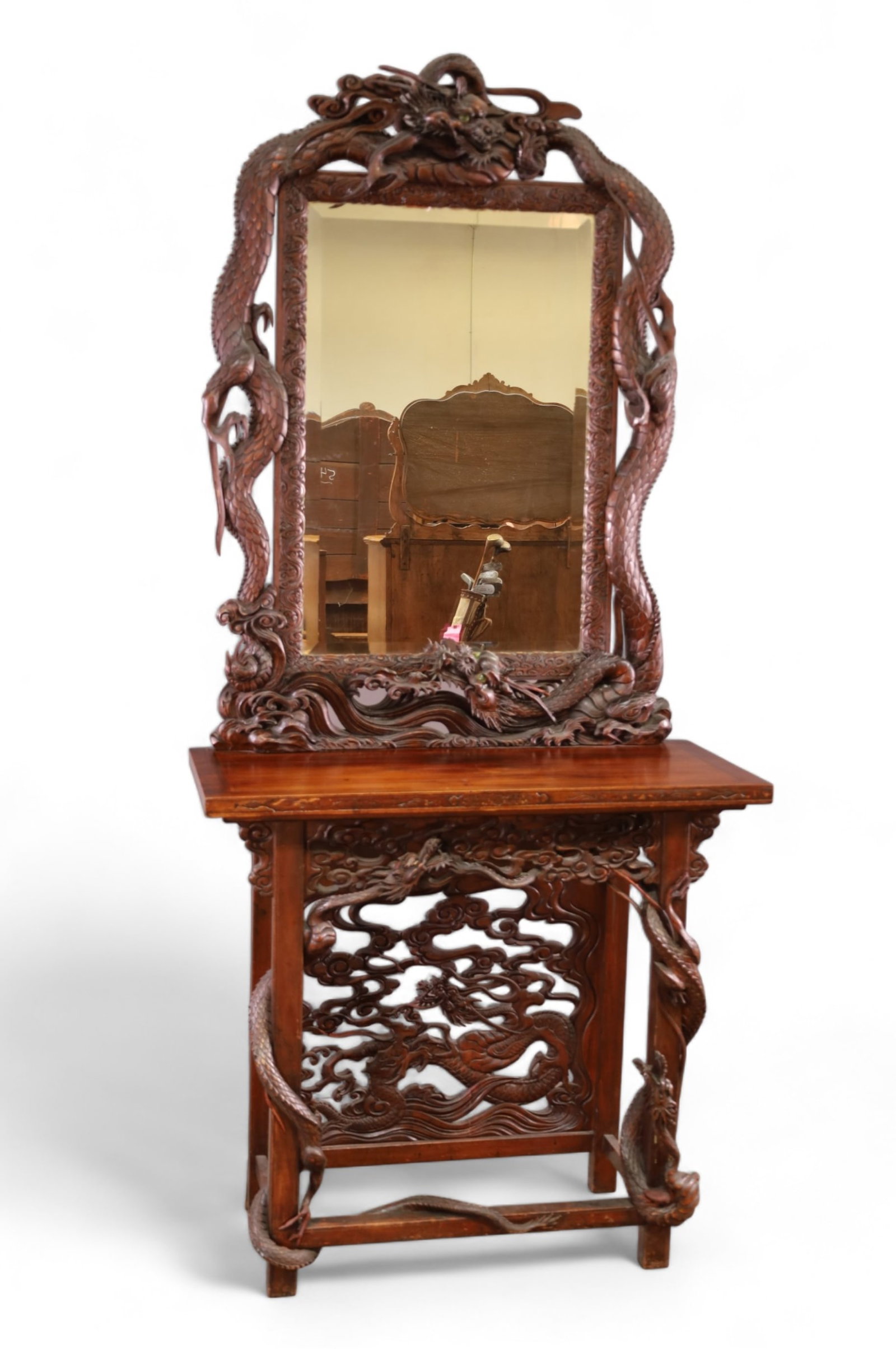 HIGHLY CARVED ASIAN HALL TABLE W/ MIRROR (1 of 9)