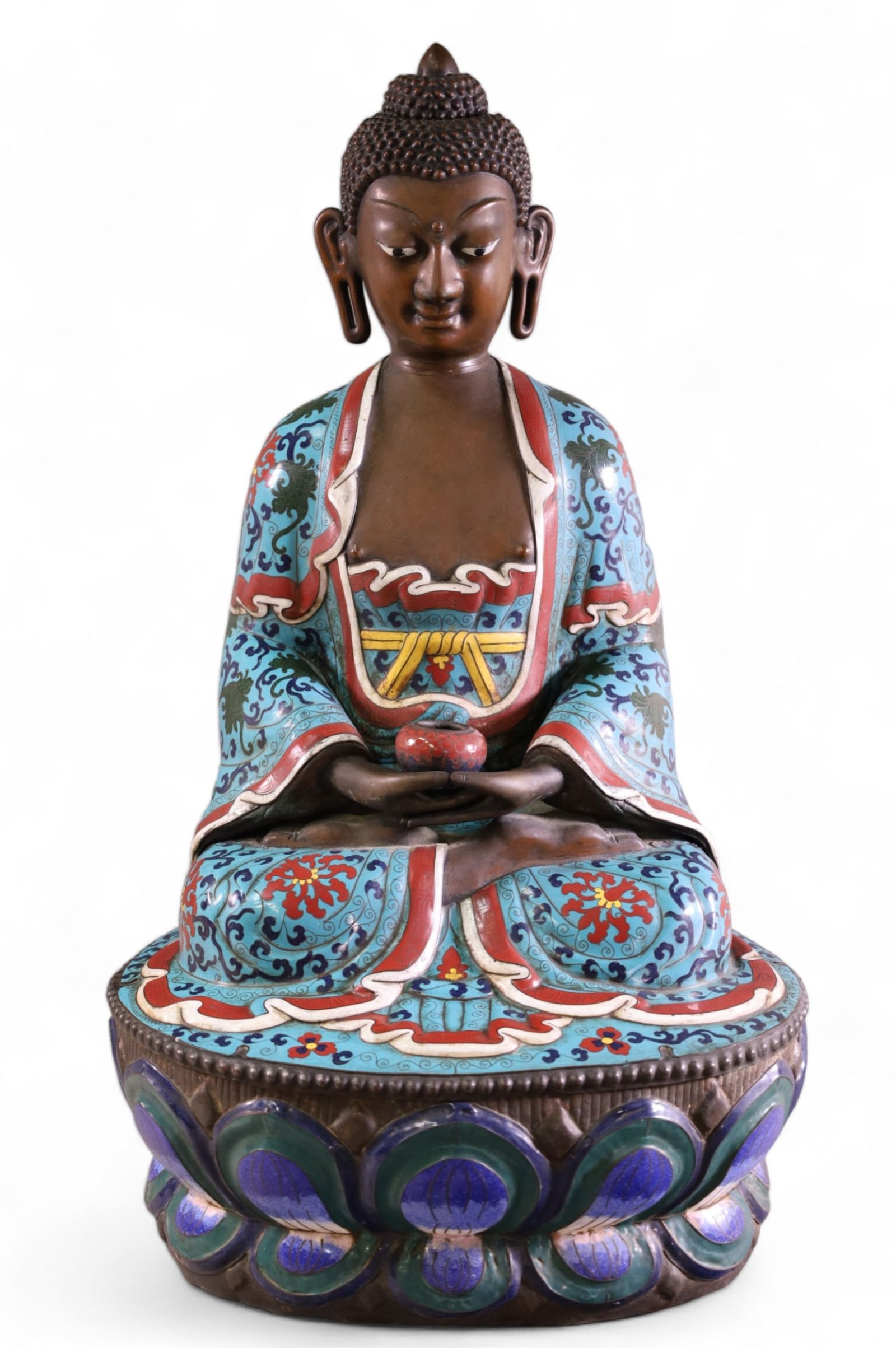 LARGE CLOISONNE, ENAMEL & BRONZE BUDDHA (1 of 6)