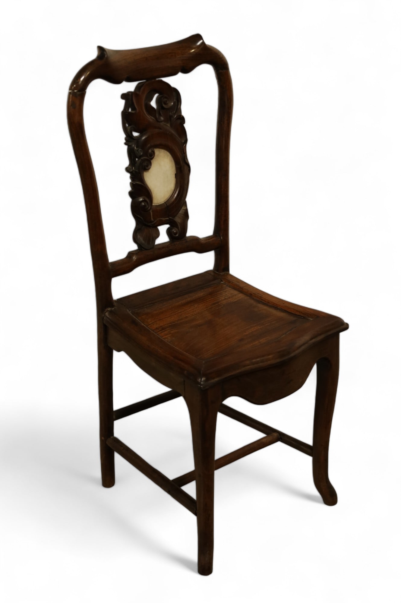 CHINESE HARDWOOD SIDE CHAIR: CHINESE HARDWOOD SIDE CHAIR WITH MARBLE INSET BACK. MINOR WEAR TO FINISH. REPAIR TO TOP. 16" W x 18" D x 38" H . THIS ITEM EXCEEDS SIZE LIMITATIONS FOR IN HOUSE SHIPPING.