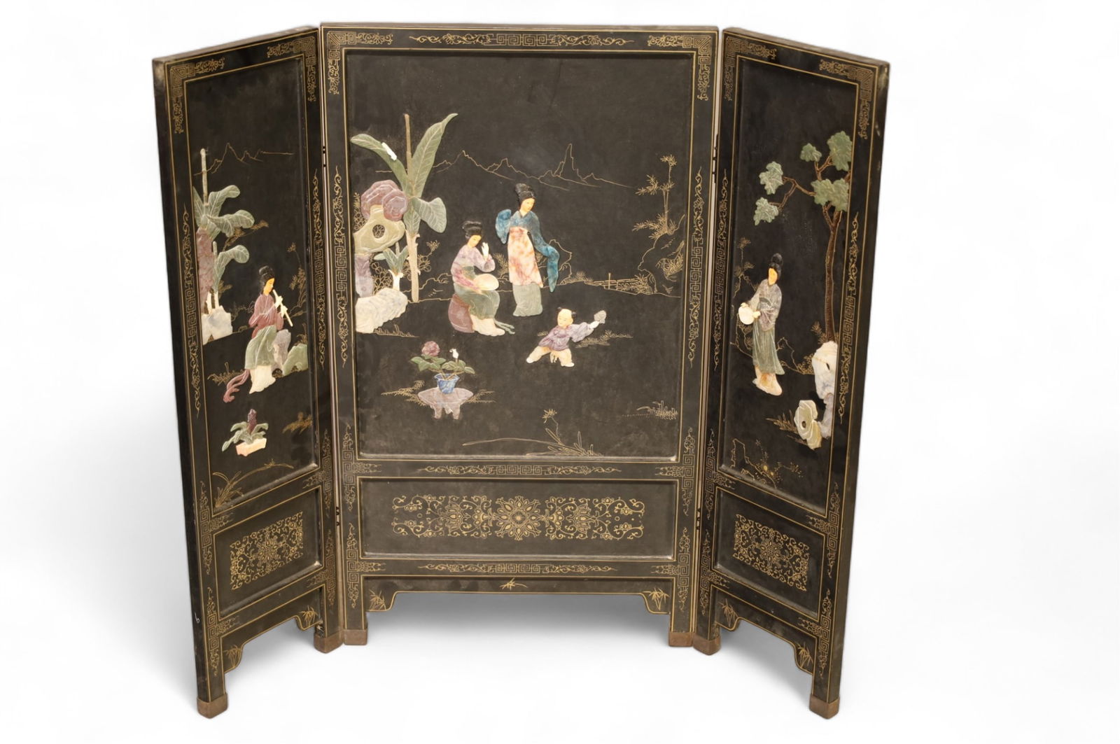 SMALL 3 PANEL LACQUER SCREEN W/ STONE (1 of 2)
