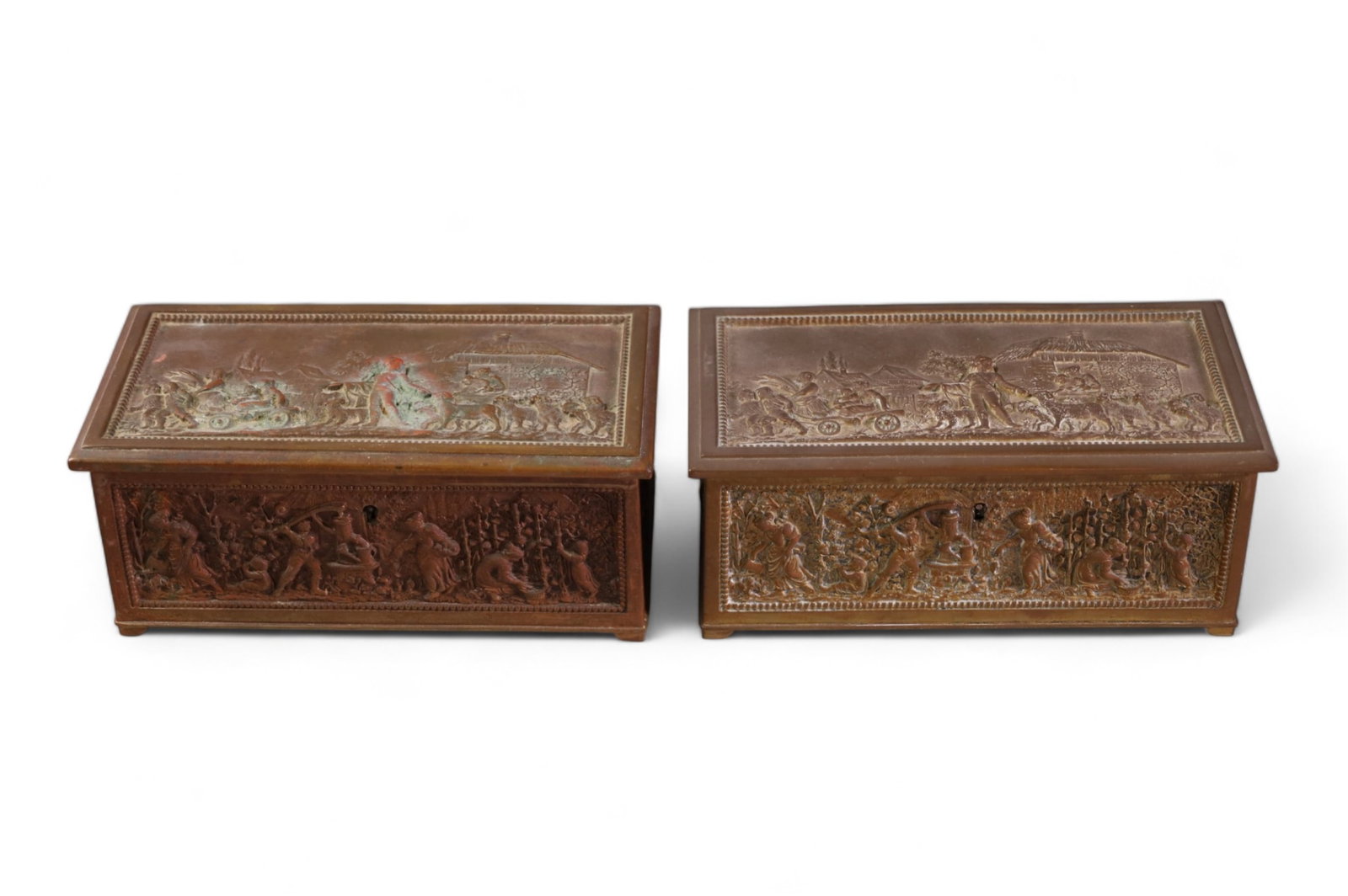 PAIR OF ANTIQUE FIGURAL CAST METAL JEWELRY CASKETS: PAIR OF HINGED LID, VICTORIAN JEWELRY CASKETS, MARKED WITH "B". 1 BOX NEEDS 2 SMALL SCRES FOR HINGE TO BE ATTACHED. 7 3/4" W x 4" D x 3" H.