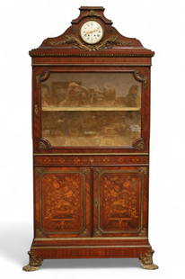 19TH CENTURY MAISON FOREST MARQUETRY CABINET: MARKED MAISON FOREST, PARIS CLOCK, INSET IN LARGE MARQUETRY CURIO, BRONZE MOUNTED ORMOLU. WITH KEY. ALL CLOCKS ARE SOLD AS IS WE DO NOT GUARANTEE WORKING ORDER. 42" W x 17" D x 87" H. THIS ITEM EXCEED