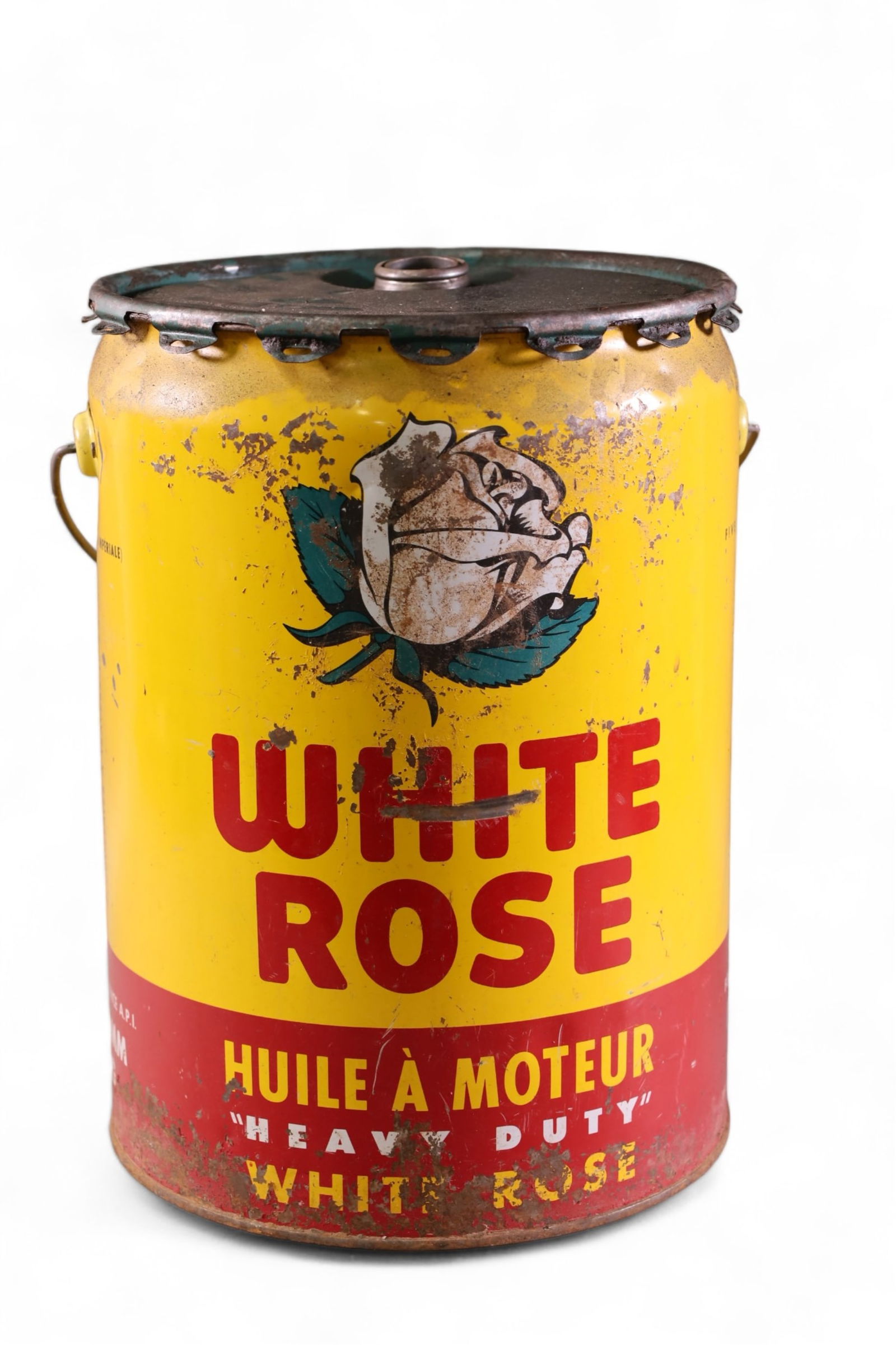 WHITE ROSE 5 IMPERIAL GALLON CAN: RUST, PAINT LOSS. WITH LID.