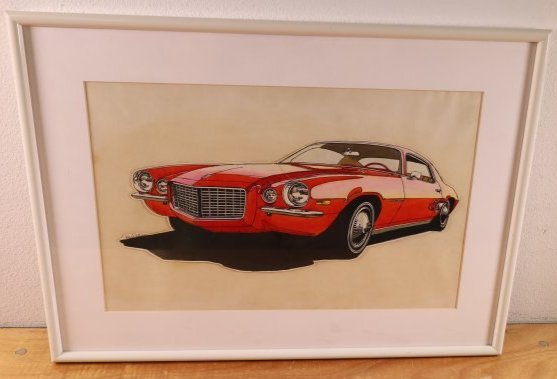 1970 CAMARO RALLY SPORT ILLUSTRATION BY DALLISON: KEN DALLISON ILLUSTRATION. HAS TEAR. IMAGE IS APPLIED TO BACKGROUND. IMAGE SIZE IS 18 1/2" X 7 1/4". FRAME IS 18 3/4" X 26 1/4"
