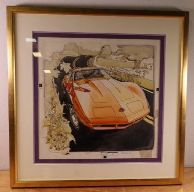 1973 CHEVROLET CORVETTE ILLUSTRATION BY DALLISON: KEN DALLISON ILLUSTRATION. HAS GM PHOTOGRAPHIC LABEL. IMAGE IS 18" X 18" FRAME IS 29 1/2" X 29 1/2"
