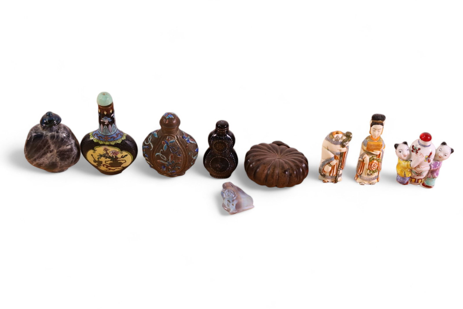 8 SNUFF BOTTLES: METAL, BONE CARVED, WOODEN SNUFF BOTTLES. MISSING 1 STOPPER.