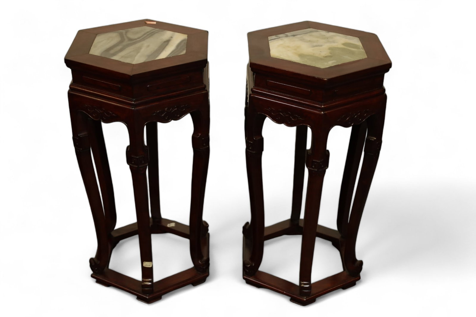 PAIR OF CHINESE HARDWOOD FERNSTANDS: PAIR OF CHINESE HARDWOOD, HEX TOP, INSET MARBLE TOP STANDS. 12" x 12" x 24" H. THIS ITEM EXCEEDS SIZE LIMITATIONS FOR IN HOUSE SHIPPING.