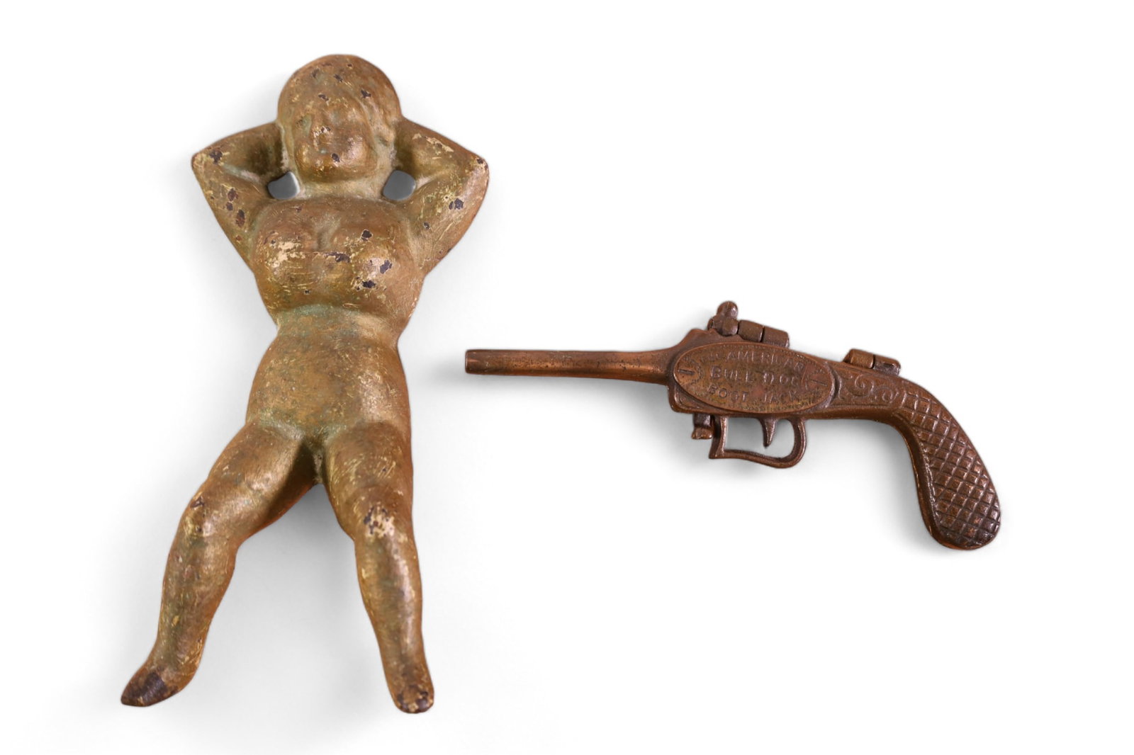 2 ANTIQUE CAST IRON BOOT JACKS: THE AMERICAN BULLDOG BOOT JACK GUN & FEMALE NUDE BOOT JACK. 8" L & 10 H