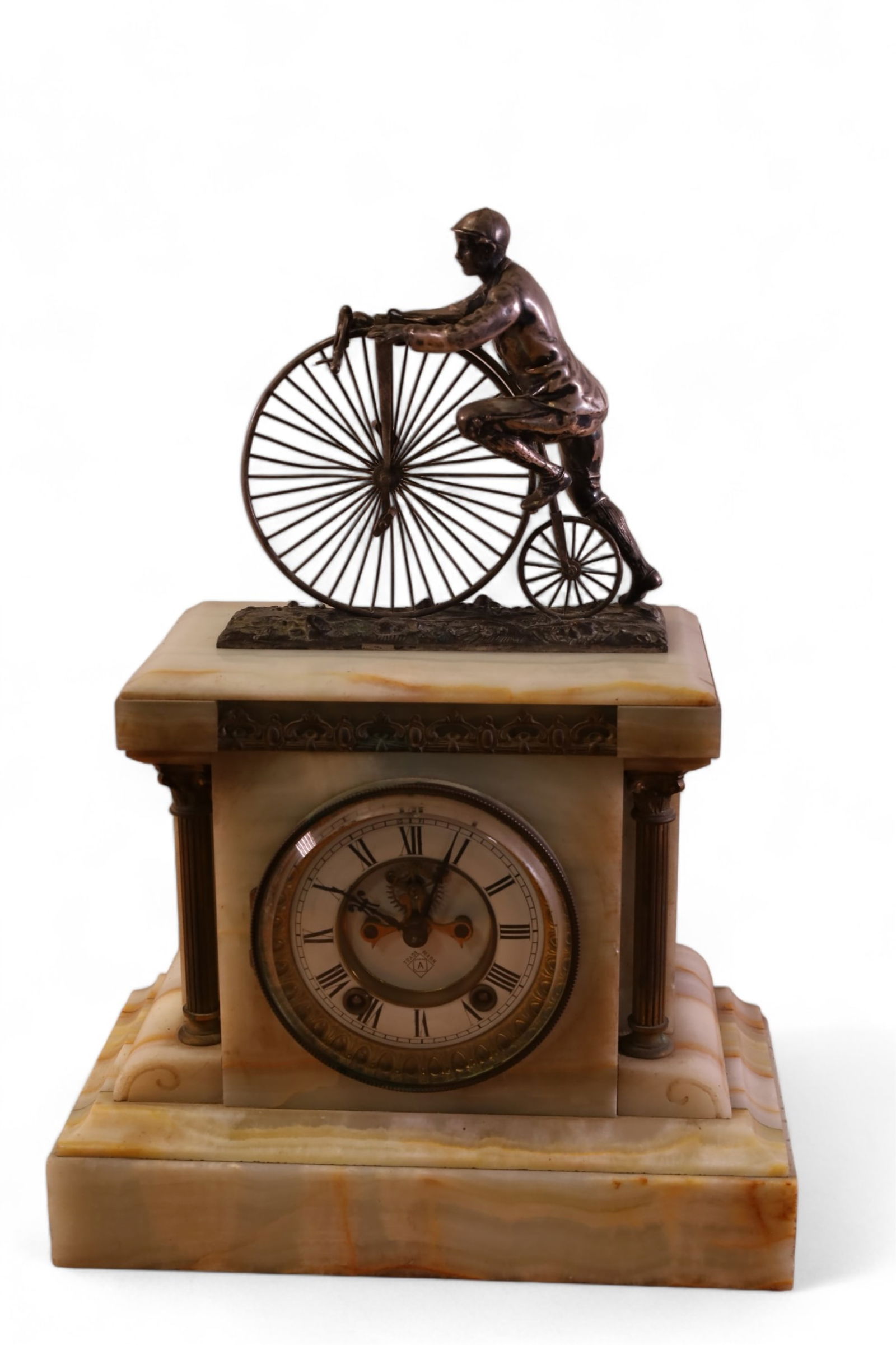 ALABASTER MANTLE CLOCK W/ PENNY FARTHING DEC. (1 of 2)