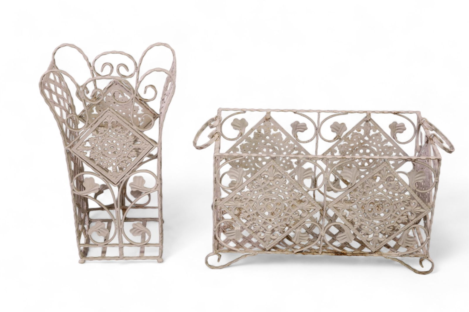 2 IRON GARDEN PLANTERS: PAINTED FINISH, IRON GARDEN PLANTERS. RUST, PAINT LOSS. 22" x 12" x 13" H & 13" W x 8" D x 21" H. THIS ITEM EXCEEDS SIZE LIMITATIONS FOR IN HOUSE SHIPPING.