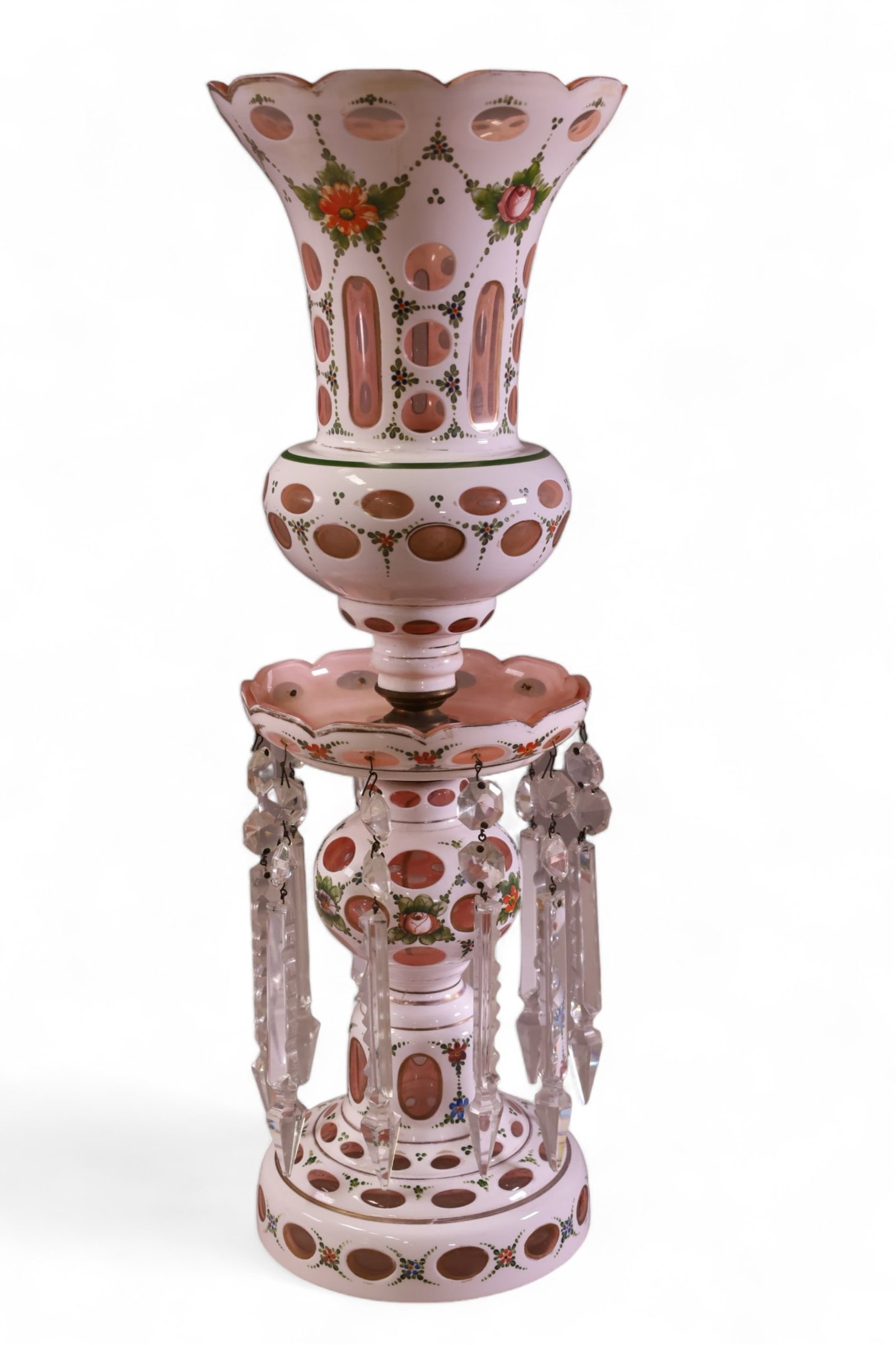 BOHEMIAN CRYSTAL PRISM MANTLE LUSTER: LARGE MANTLE LUSTER, FLORAL DECORATED, BOHEMIAN WITH LARGE CRYSTAL PRISMS. 21" H.