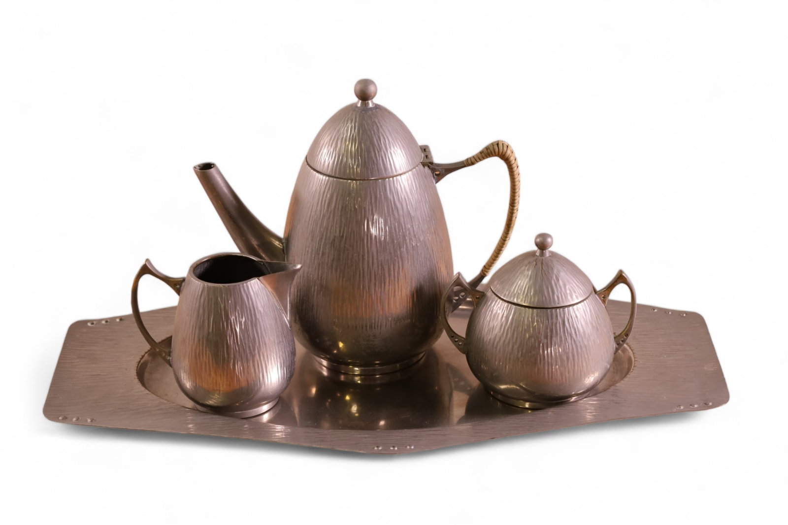 4 PC. DECO TEA SET: 4 PIECE DECO TEA SET, UNMARKED. UNDER TRAY, SUGAR, PITCHER, CREAMER. 4" - 8" H.