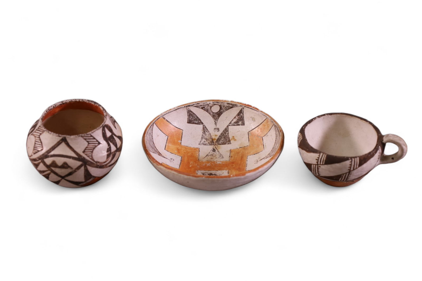 3 PIECES OF NATIVE AMERICAN POTTERY: SMALL CABINET PIECES OF NATIVE AMERICAN POTTERY, ALL MARKED ACOMA.