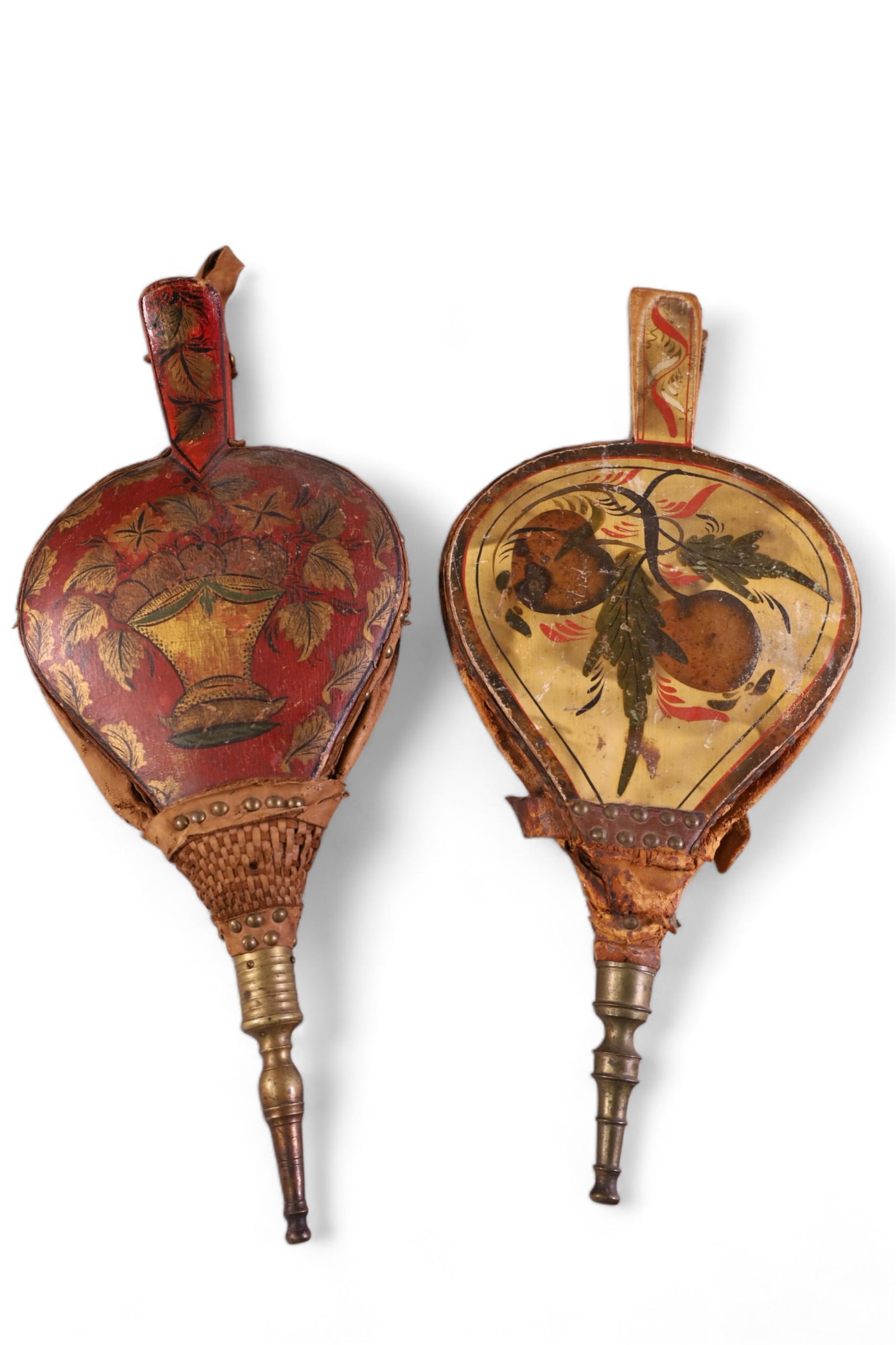 2 ANTIQUE HAND PAINTED BELLOWS: ANTIQUE BELLOWS, HAND PAINTED 19TH CENTURY. DAMAGE TO LEATHER. 18" L.