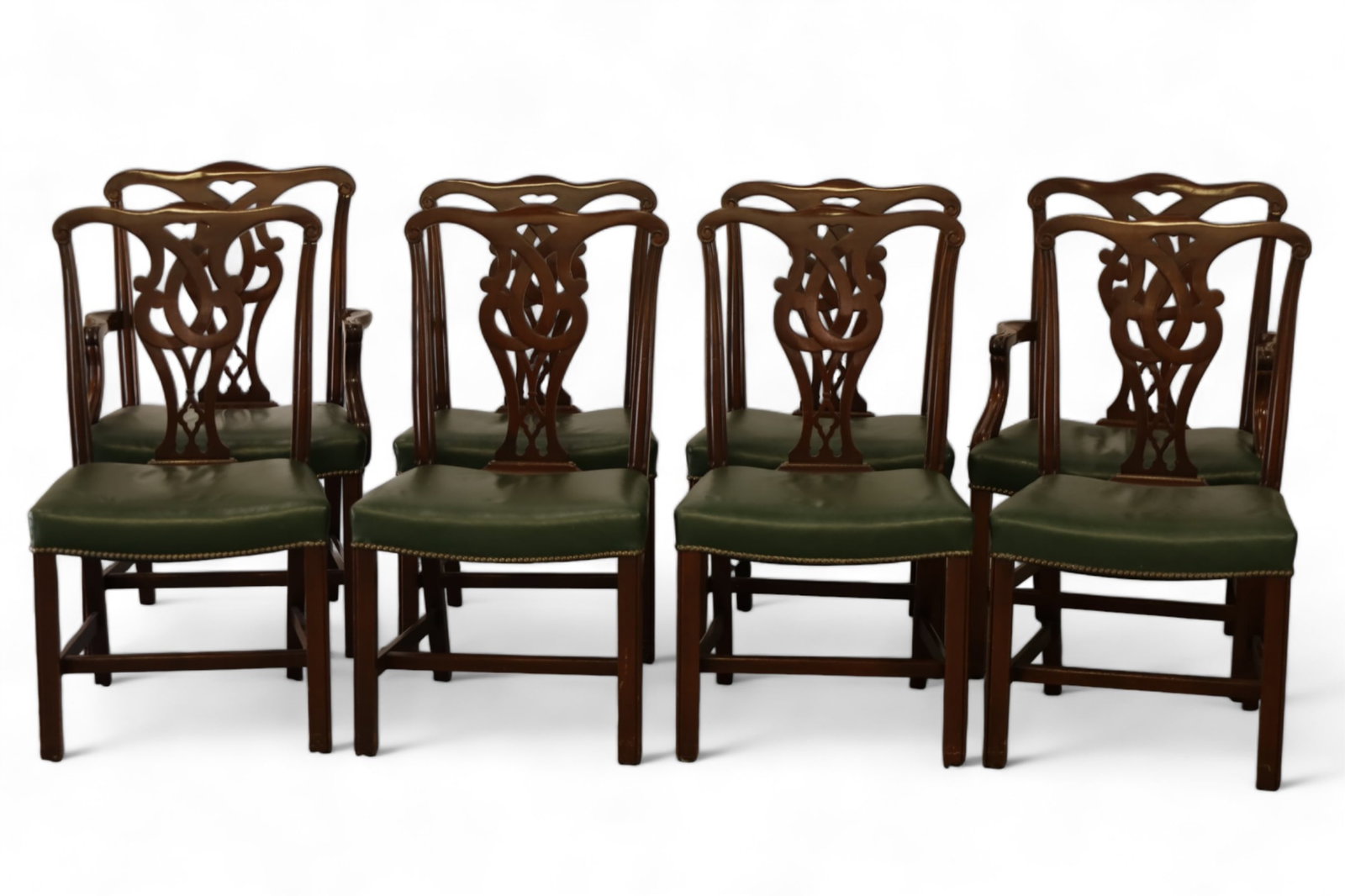 8 CHIPPENDALE STYLE DINING ROOM CHAIRS: MAHOGANY CHIPPENDALE STYLE DINING ROOM CHAIRS, 21" W x 19" D x 39" H SIDES & 24" W x 20" D x 39" H. THIS ITEM EXCEED SIZE LIMITATIONS FOR IN HOUSE SHIPPING