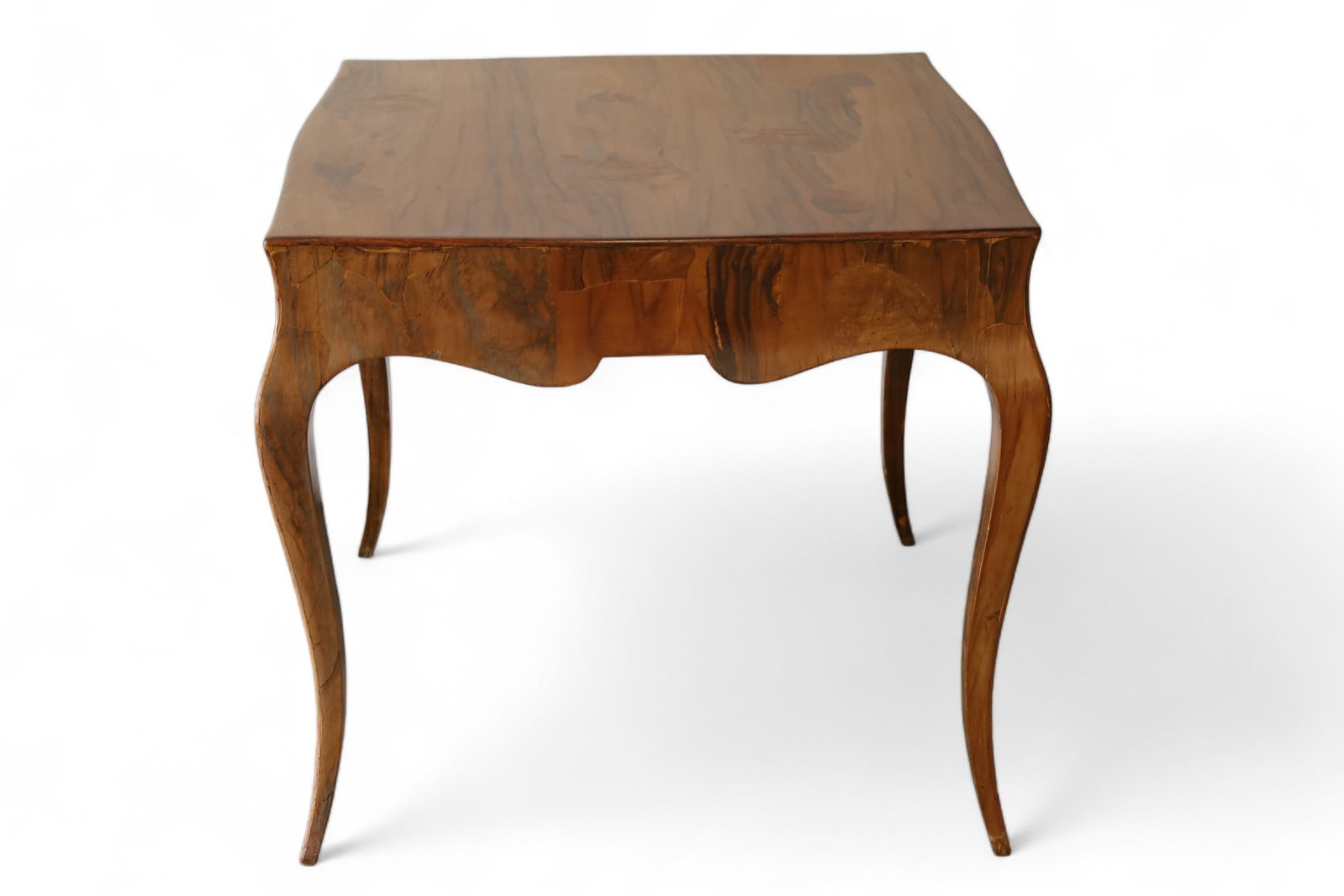 BURLED ITALIAN BREAKFAST TABLE: BURLED ITALIAN BREAKFAST TABLE, 32" x 32" x 29" H. THIS ITEM EXCEED SIZE LIMITATIONS FOR IN HOUSE SHIPPING