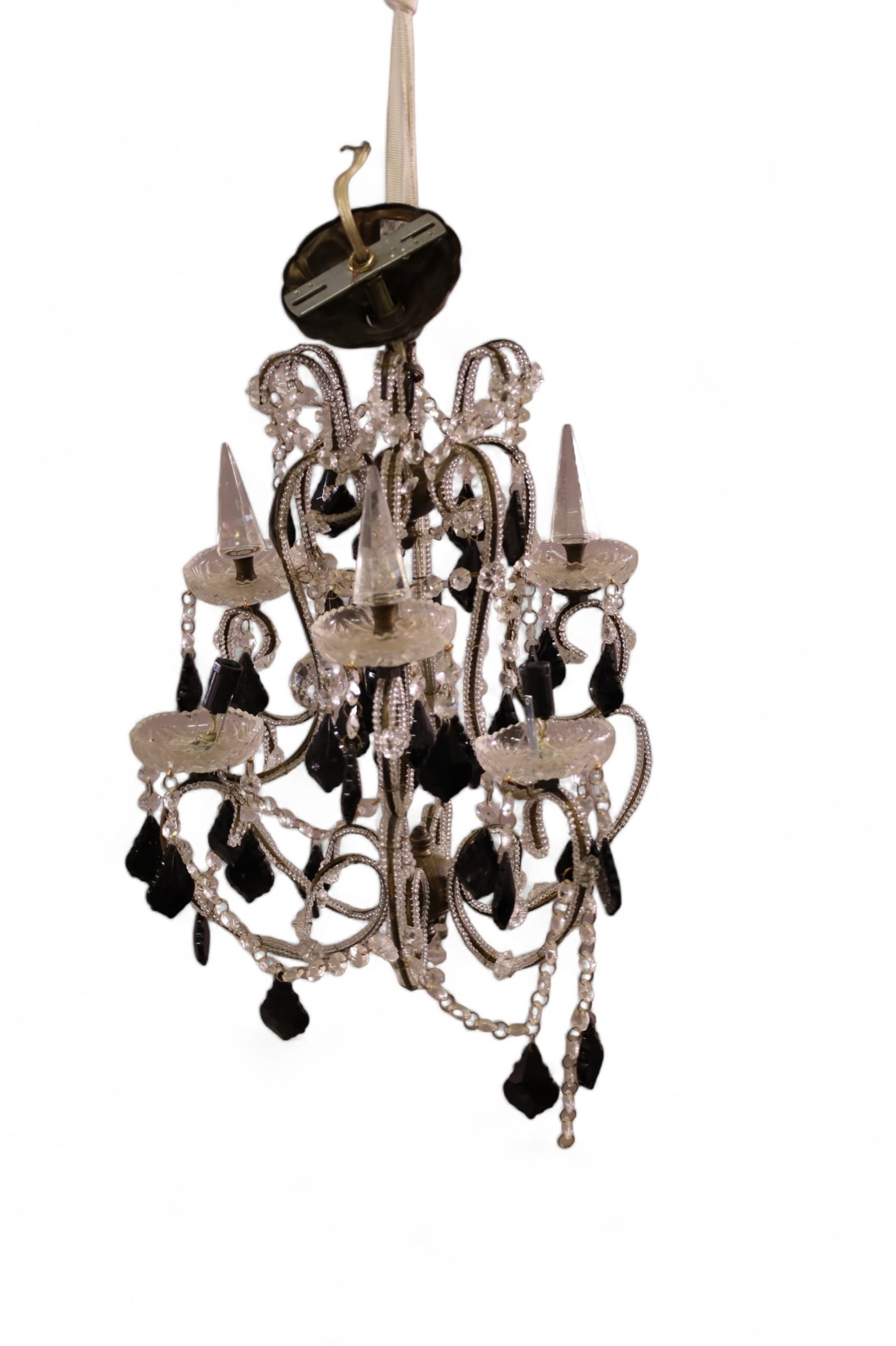 CRYSTAL PRISM HANGING LIGHT: 3 LIGHT HANGING LIGHT, CRYSTAL PRISMS, MISSING SOME PRISMS. 25" H. THIS ITEM EXCEEDS SIZE LIMITATIONS FOR I HOUSE SHIPPING.
