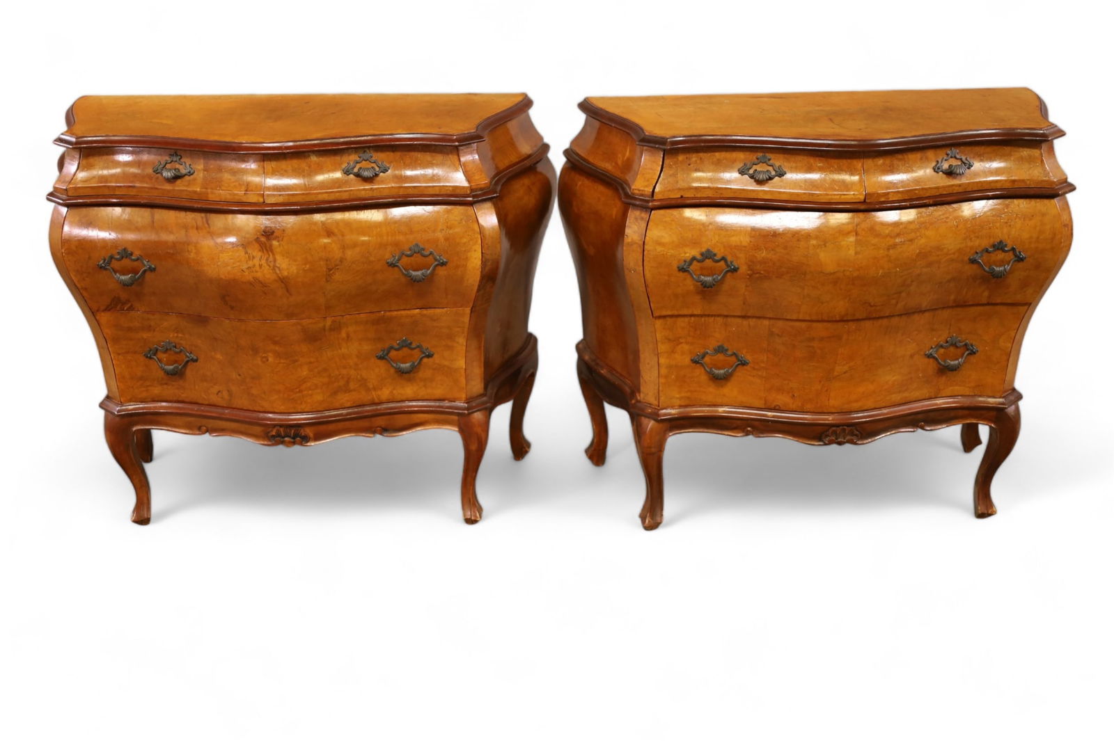 PAIR OF ITALIAN BOMBAY CHESTS: PAIR OF ITALIAN FOUR DRAWER BOMBAY CHESTS, BURLED COMMODES. WEAR TO FINISH, 36" W x 18" D x 31" H. THIS ITEM EXCEEDS SIZE LIMITATIONS FOR IN HOUSE SHIPPING.