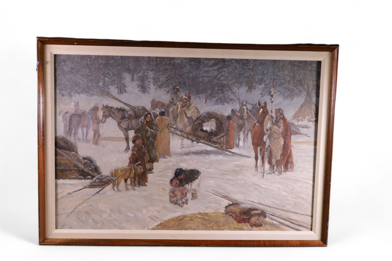 GLEN SPENCER HOPKINSON OIL PAINTING: GLEN SPENCER HOPKINSON OIL ON CANVAS NATIVE AMERICAN WINTER SCENE. SIGHNED LOWER RIGHT 36" X 24" IMAGE SIZE. 40" X 28" FULL SIZE