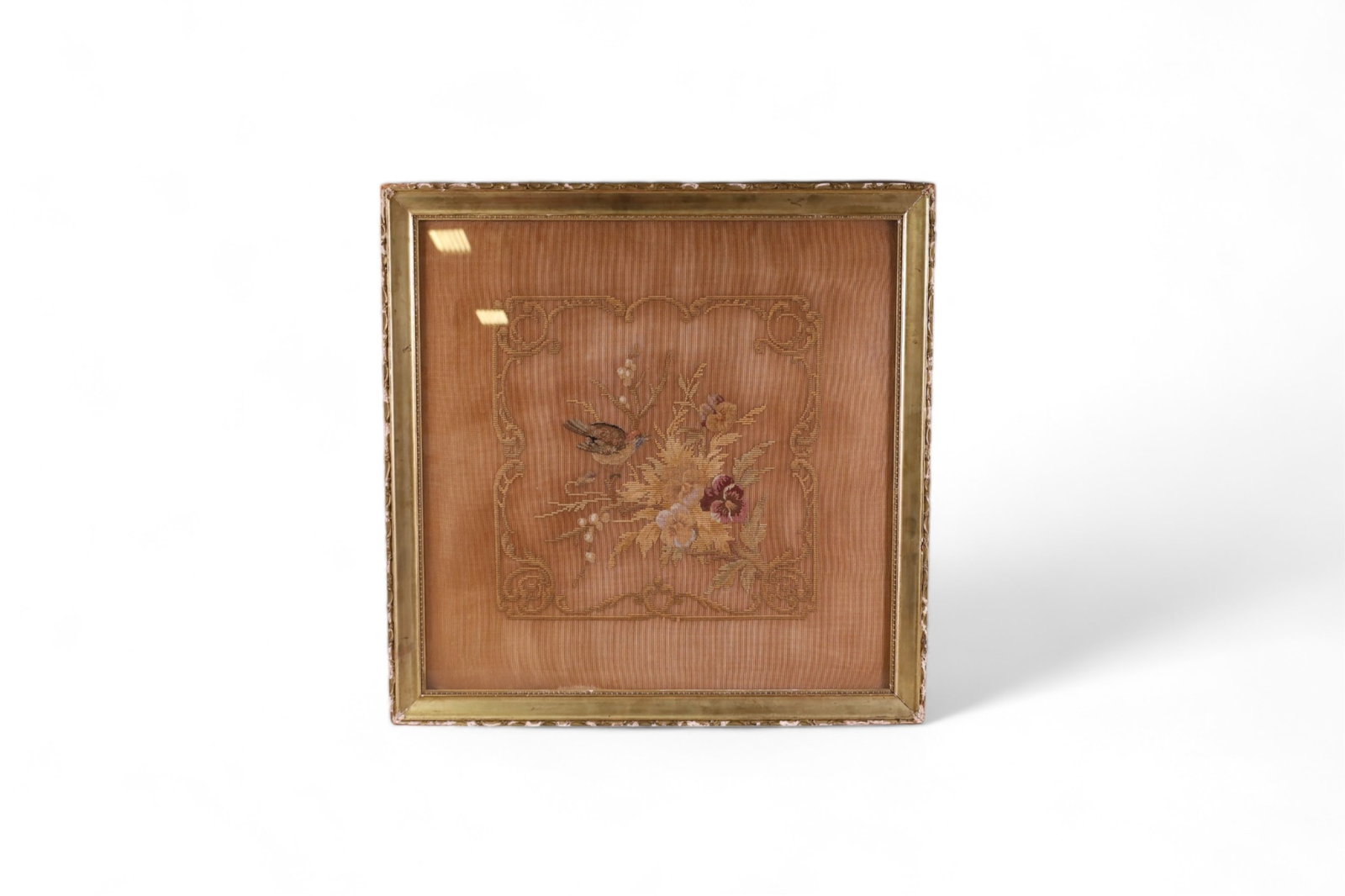 VICTORIAN PETTIPOINT OF BIRDS & FLOWERS: VICTORIAN NEEDLEPOINT OF BIRDS AND FLOWERS UNDER GLASS. FRAME HAS LOSS TO CARVING AND FABRIC HAS STAINS. 23 X 23