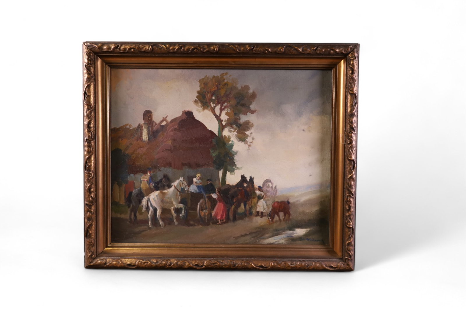 ANTIQUE OIL PAINTING: OIL ON CANVAS PAINTING DEPICTING COTTAGE/ FARM SCENE. SIGNED LOWER RIGHT ILLEGIBLE. MARKED ON VERSO FINLAND. IMAGE SIZE 20 X 16. FULL SIZE 23 X 19.