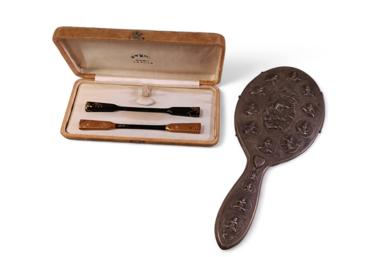 JAPANESE HAIRPINS & THAI SILVER MIRROR: PAIR OF JAPANESE HAIR PINS, 6" L & THAI SILVER MIRROR, 11" L.