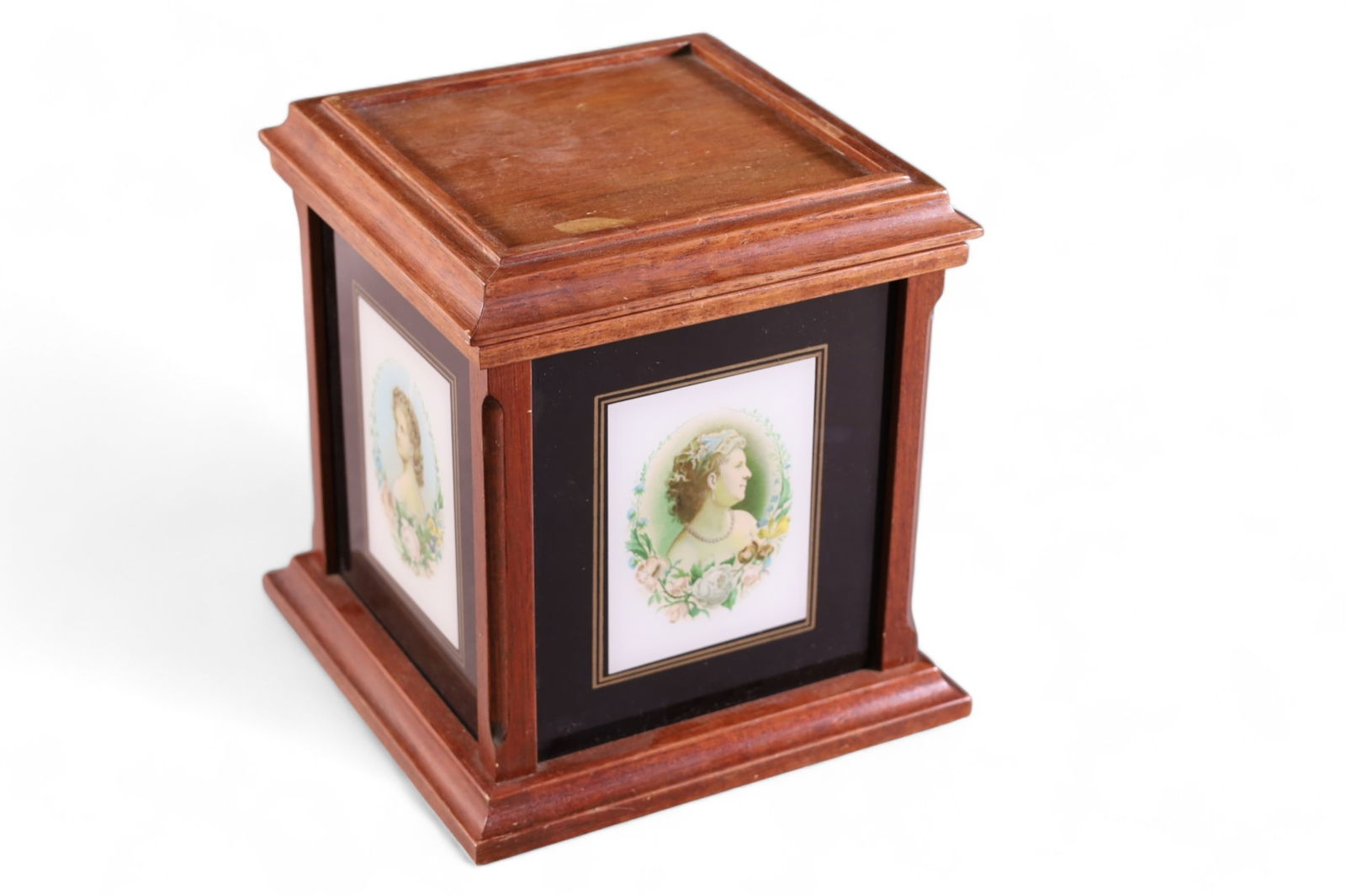 VINTAGE CIGAR BOX WITH LADY DECORATION: GLASS PANELED SIDES, HINGED LID. WOOD LINED. 8" x 8" x 9" H.