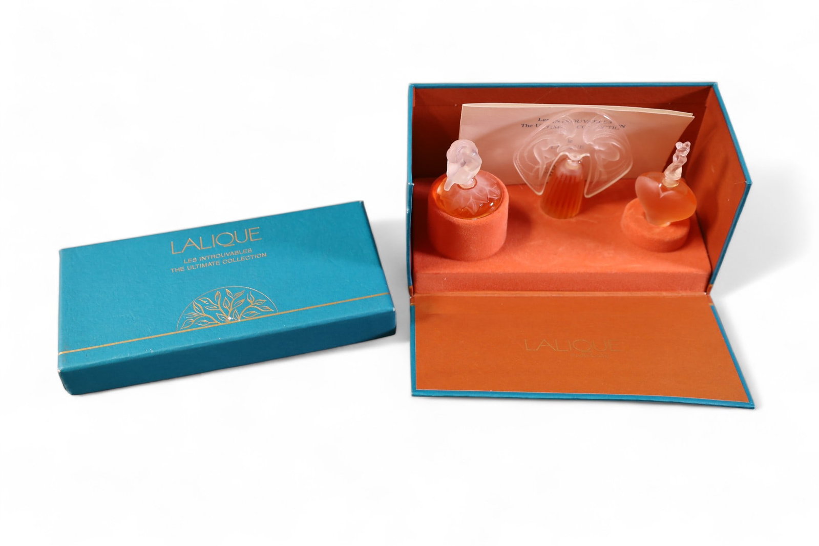 LALIQUE PERFUME BOTTLES: BOXED, ULTIMATE COLLECTION SET OF 3 PERFUME BOTTLES.