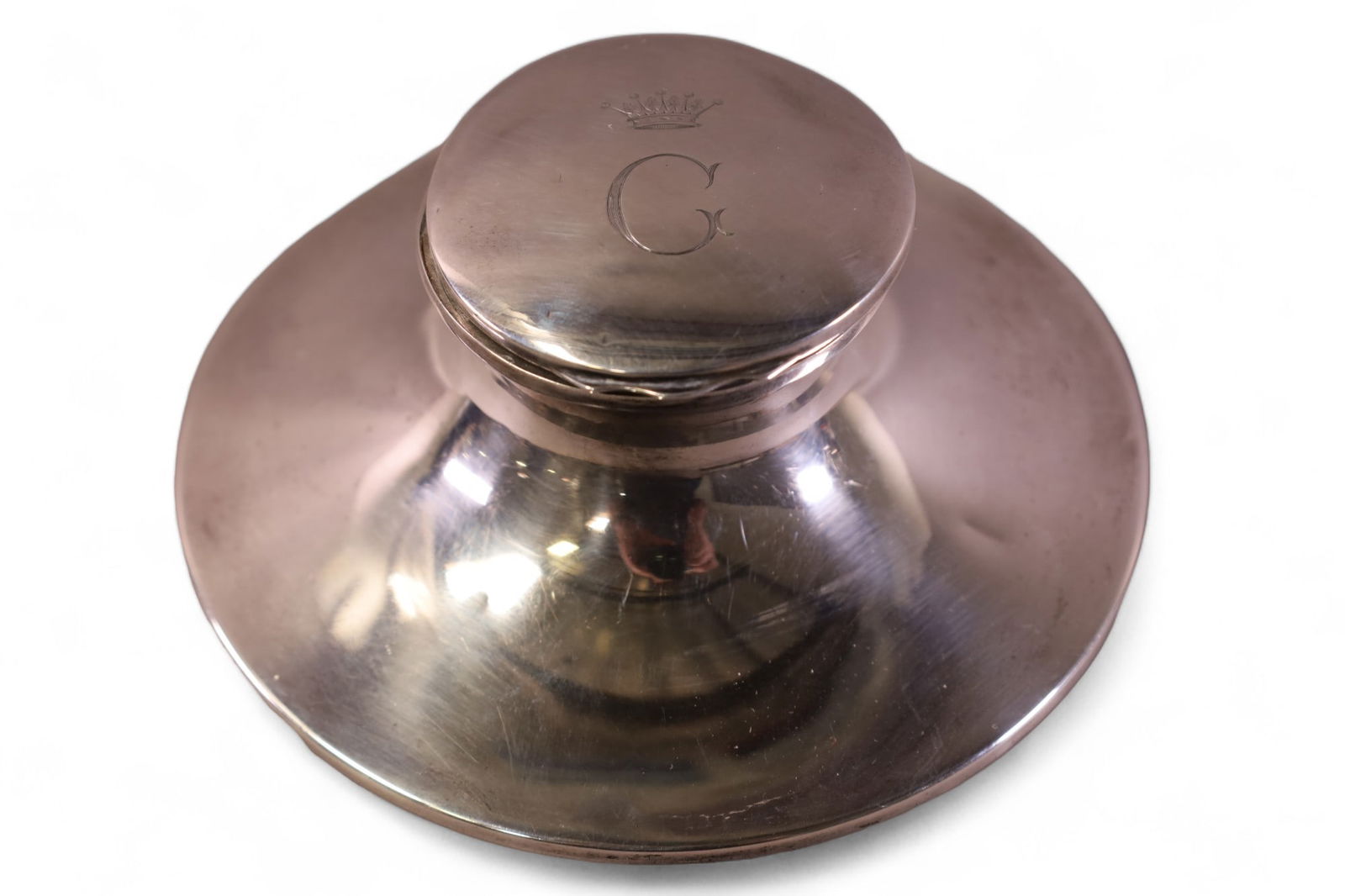 STERLING SILVER INKWELL: MAPPIN & WEBB STERLING SILVER INKWELL, DENT TO LID. MONOGRAMED. WEIGHTED. 5 1/" DIAM.