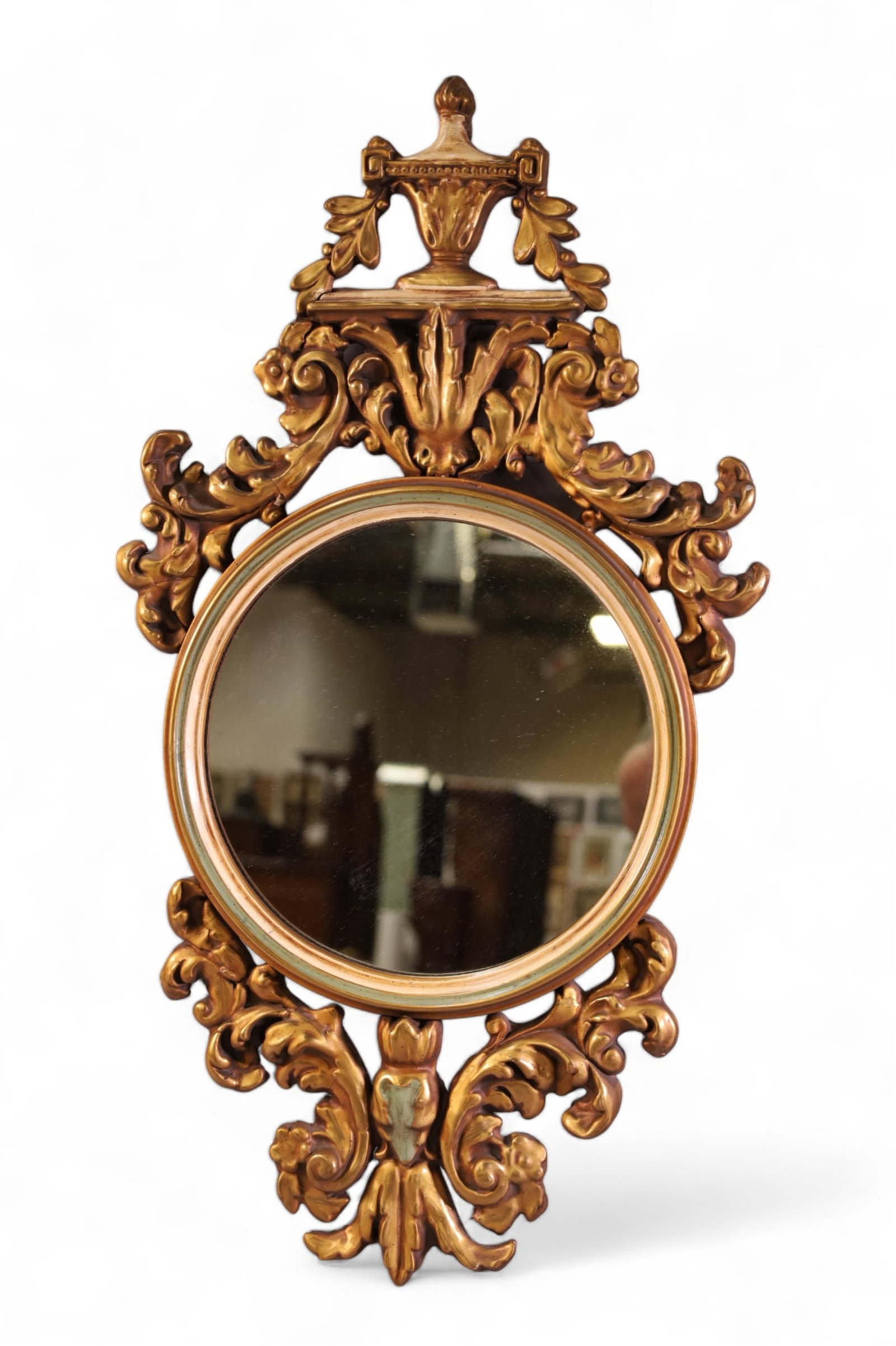 1920'S GILT WALL MIRROR: CARVED GILT WALL MIRROR, 14" x 25"