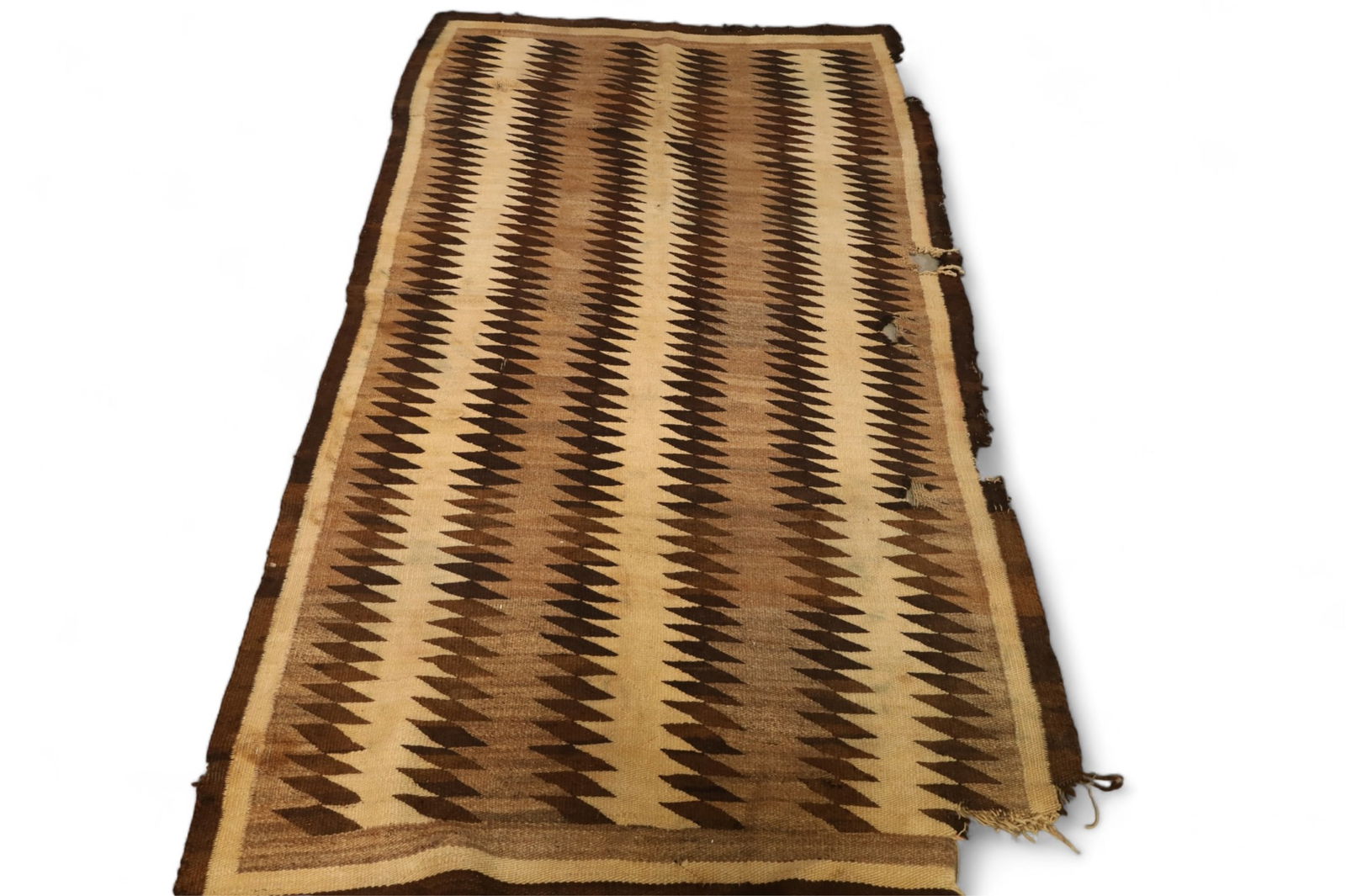 LARGE NAVAJO NATIVE AMERICAN RUG: AS FOUND NAVAJO RUG. HOLES AND DAMAGE THROUGH OUT, HAS STAINS. 93" X 53"