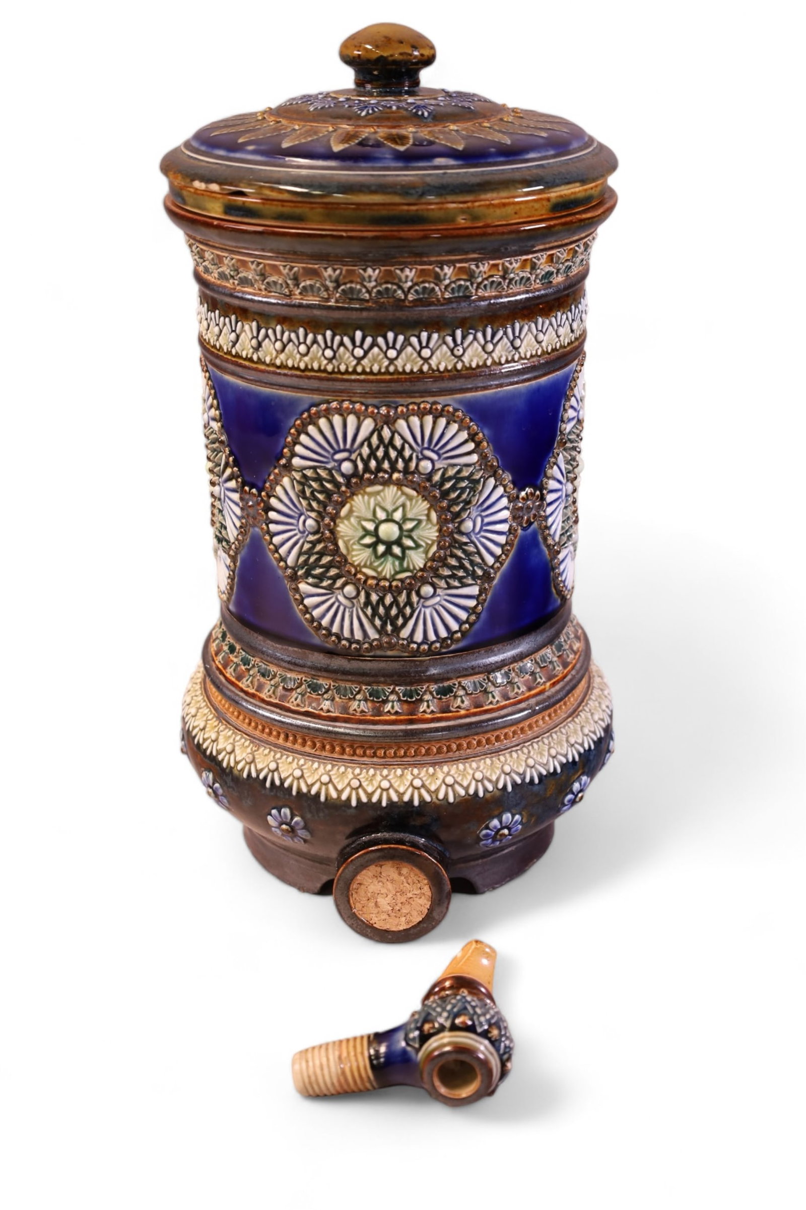 DOULTON LAMBETH DISPENSER: HAS INSERT & SPIGOT (CHIP). 13" TALL.