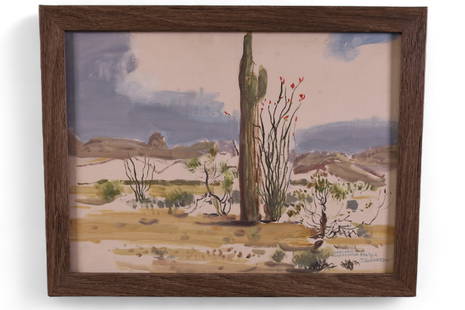 JAMES SWINNERTON DESERT LANDSCAPE PAINTING: OIL ON CANVAS ON BOARD, SIGNED LOWER RIGHT, J. SWINNERTON. (JAMES SWINNERTON, 1875-1974). CALIFORNIA DESERT LANDSCAPE PAINTING. 14" x 18"