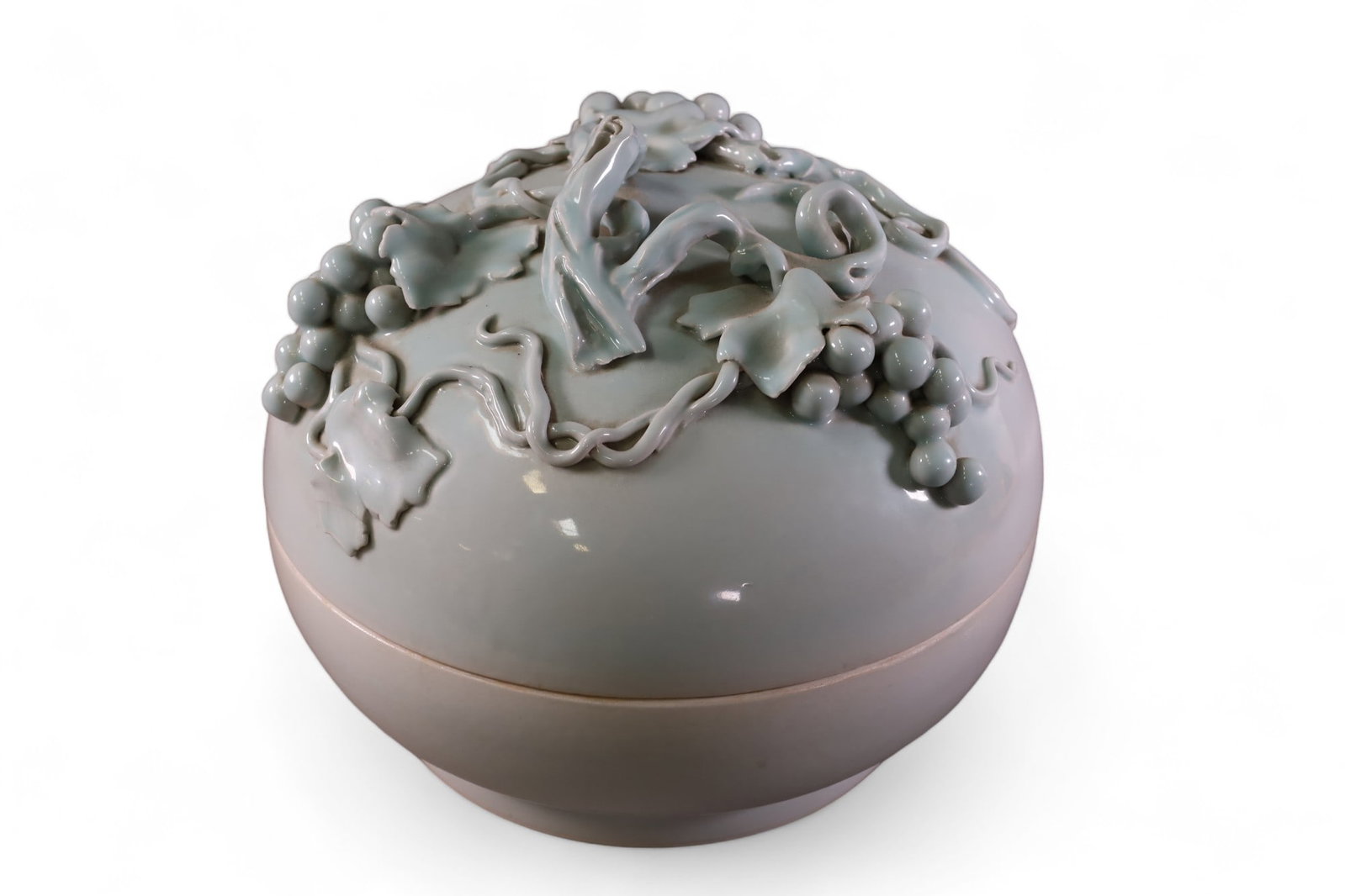 ASIAN PORCELAIN COVERED BOWL: LARGE FRUIT DESIGNED COVERED BOWL, CELEDON BLUE GLAZE. 14" DIAM x 12" H.