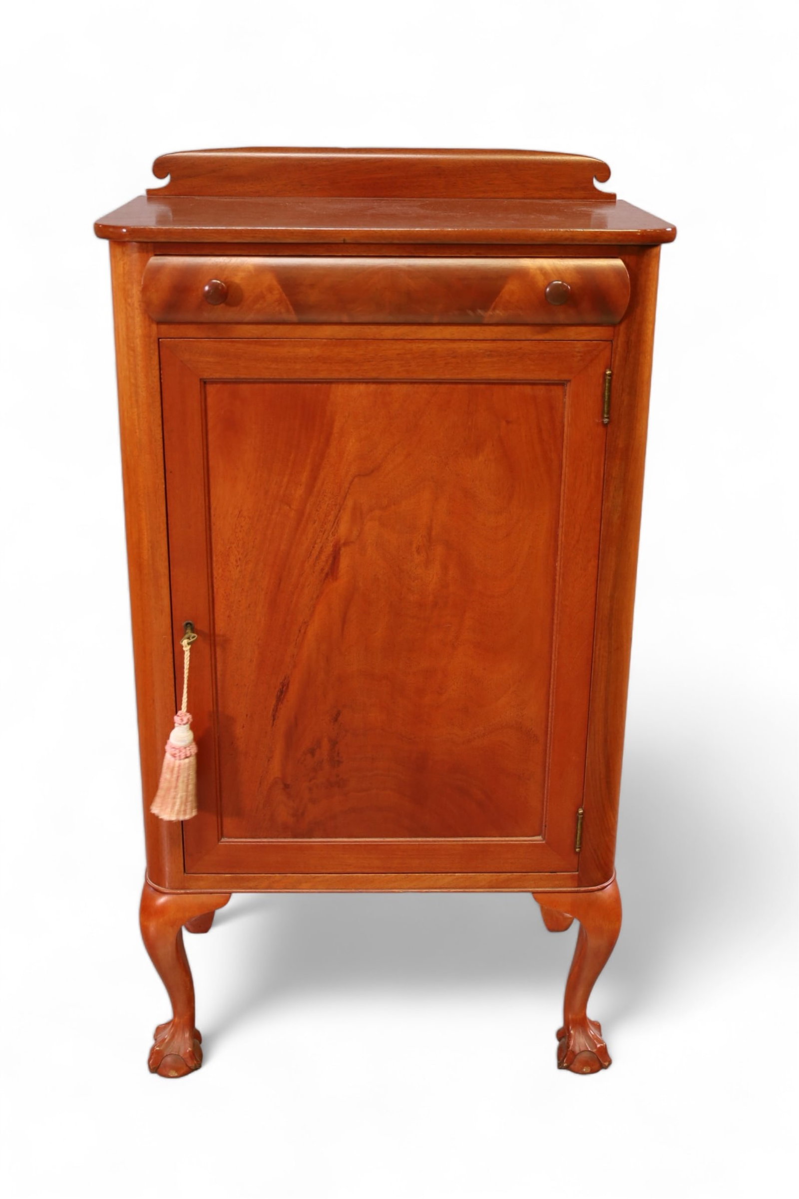 ANTIQUE MAHOGANY MUSIC CABINET: SINGLE DOOR, SINGLE DRAWER BALL AND CLAW FOOT CURIO CABINET, 23" W x 13" D x 42" H. THIS ITEM EXCEEDS SIZE LIMITATIONS FOR IN HOUSE SHIPPING