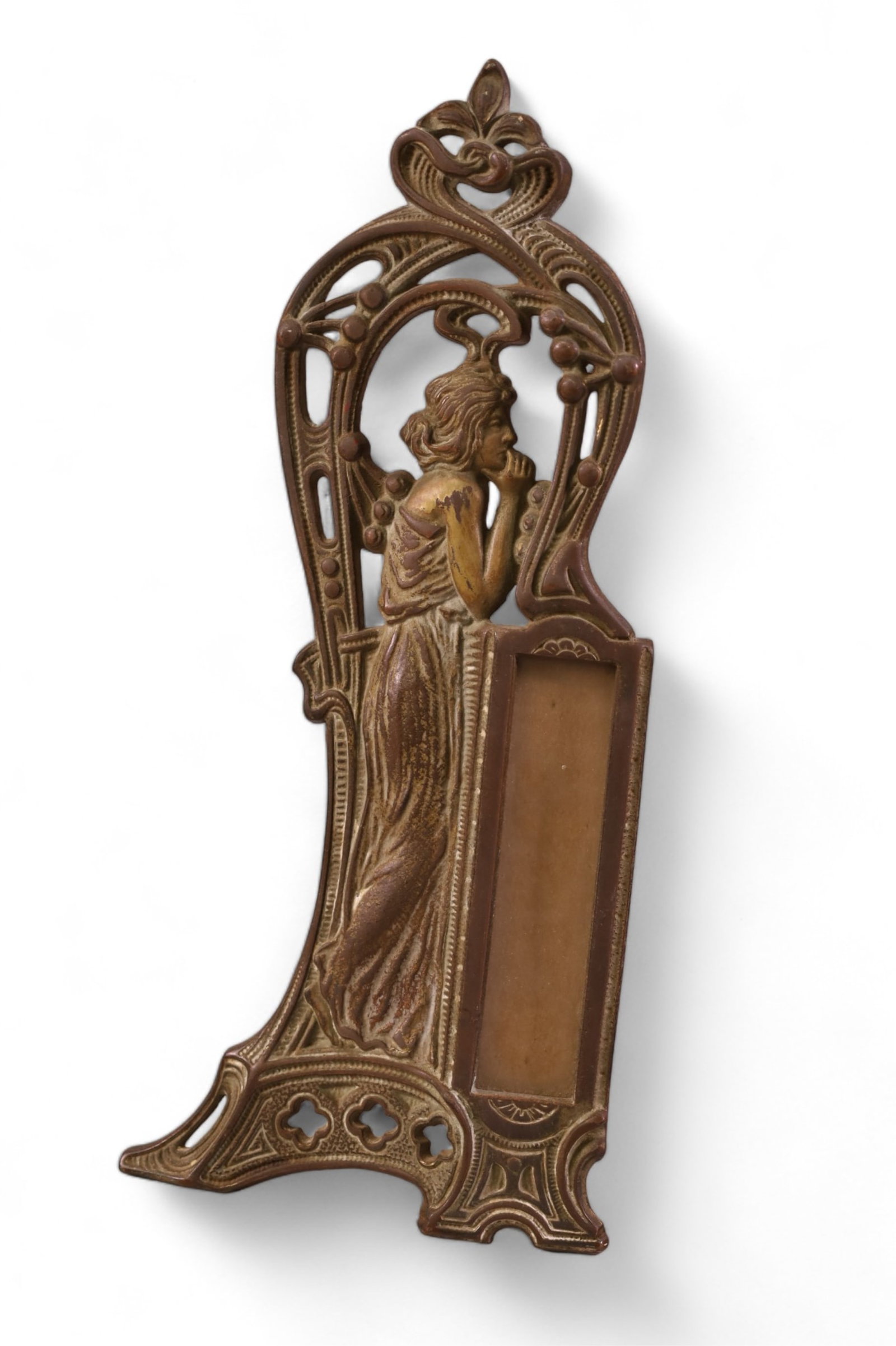 ART NOUVEAU TABLE FIGURE: EASEL BACK ART NOUVEAU FIGURAL TABLE ITEM. PROBABLY HAD A THERMOMETER. 10" H.