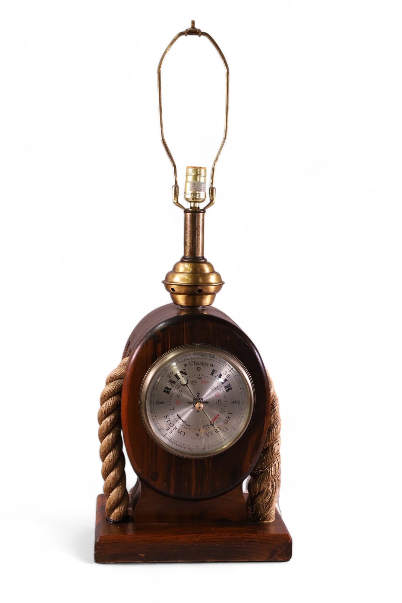 SHIP CAPTAIN'S LAMP: BAROMETER INSERT CAPTAIN'S LAMP, MARKED CARRINGTON, MADE IN ENGLAND. SINGLE SOCKET. NO SHADE. 33" H.