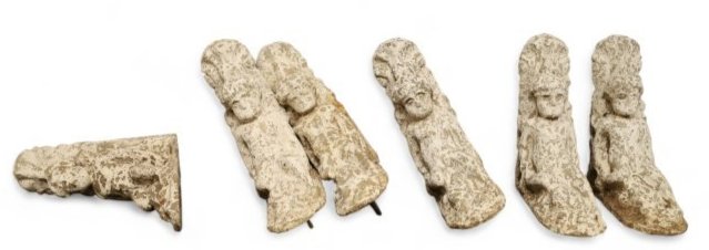 SET OF 6 CONCRETE FIGURAL ARCHITECTURAL BRACKETS: SET OF 6. PAINT LOSS AND WEAR FROM BEING OUTDOORS. 2 DO NOT HAVE BOLTS IN THE BOTTOM. 15" DEEP X 17" TALL. ITEM EXCEEDS SIZE LIMITATIONS FOR IN HOUSE SHIPPING.