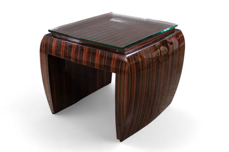 Dakota Jackson Side Table: Modern Designed Side table by Dakota Jackson, floating glass top, with rolled sides. 29" w x 29" d x 25" h. This item exceeds size limitations for in house shipping, all furniture must be picked up in