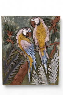 CUSTOM METAL WALL SCULPTURE: CUSTOM METAL WALL SCULPTURE CUSTOM MADE AND PAINTED CUT METAL WALL ART, PARROTS. SIGNED MARTIN DEL CAMPO. 39 1/2" x 48" THIS ITEM EXCEEDS SIZE LIMITATIONS FOR IN HOUSE SHIPPING, MUST BE PICKED UP IN H
