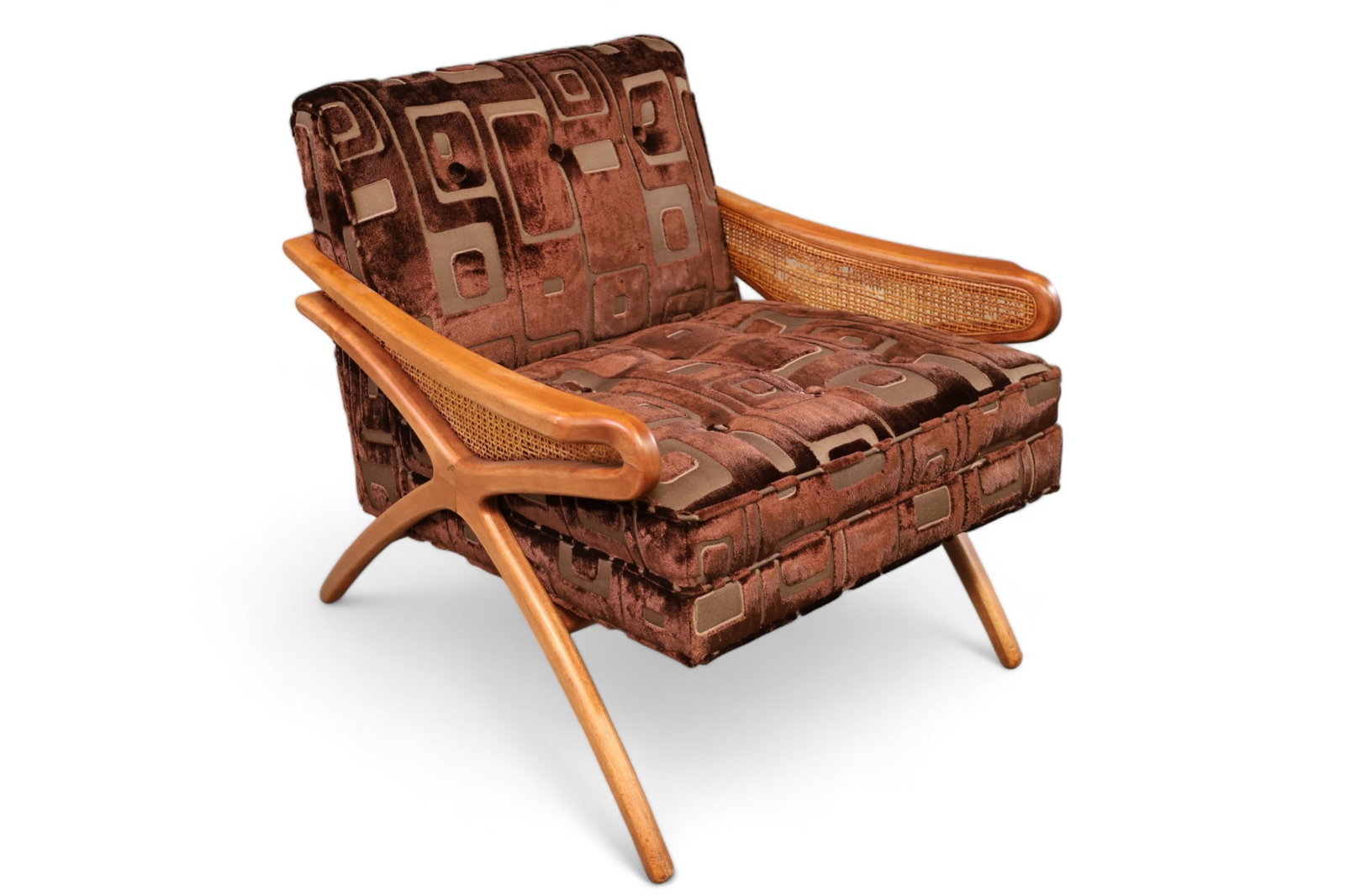 MID CENTURY MODERN LOUNGE CHAIR: MID CENTURY MODERN LOUNGE CHAIR ITALIAN MADE MID CENTURY MODERN LOUNGE CHAIR, CANE SIDES, DAMAGE TO CANE. 29" W x 30" D x 28" H. THIS ITEM EXCEEDS SIZE LIMITATIONS FOR IN HOUSE SHIPPING, MUST BE PICKE