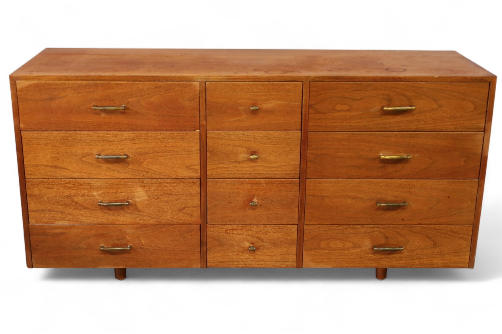 MID CENTURY MODERN DRESSER: MID CENTURY MODERN DRESSER 12 DRAWER MID CENTURY MODERN DRESSER BY KALPE FURNITURE. FINISH LOSS STAINS TO TOP SURFACE. VENEER DAMAGE. 60" W x 19" D x 29" H. THIS ITEM EXCEEDS SIZE LIMITATIONS FOR IN H
