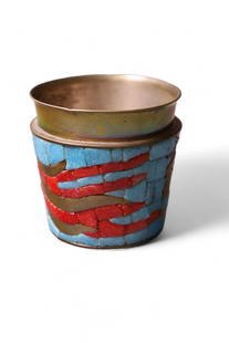 SALVADOR TERAN MIXED METAL CUP: SALVADOR TERAN MIXED METAL CUP MID CENTURY MODERN MIXED METAL TUMBLER, SIGNED SALVADOR TERAN. 3" H.