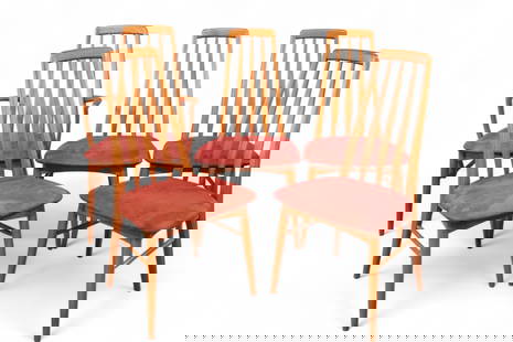 SET OF 5 NIELS KOEFOED DINING CHAIRS: SET OF 5 NIELS KOEFOED DINING CHAIRS 4 SIDE CHAIRS & 1 CAPTAINS CHAIR, MID CENTURY MODERN DINING CHAIRS BY NIELS KOEFOED. 21" W x 20" D x 38" H. THIS ITEM EXCEEDS SIZE LIMITATIONS FOR IN HOUSE SHIPPIN
