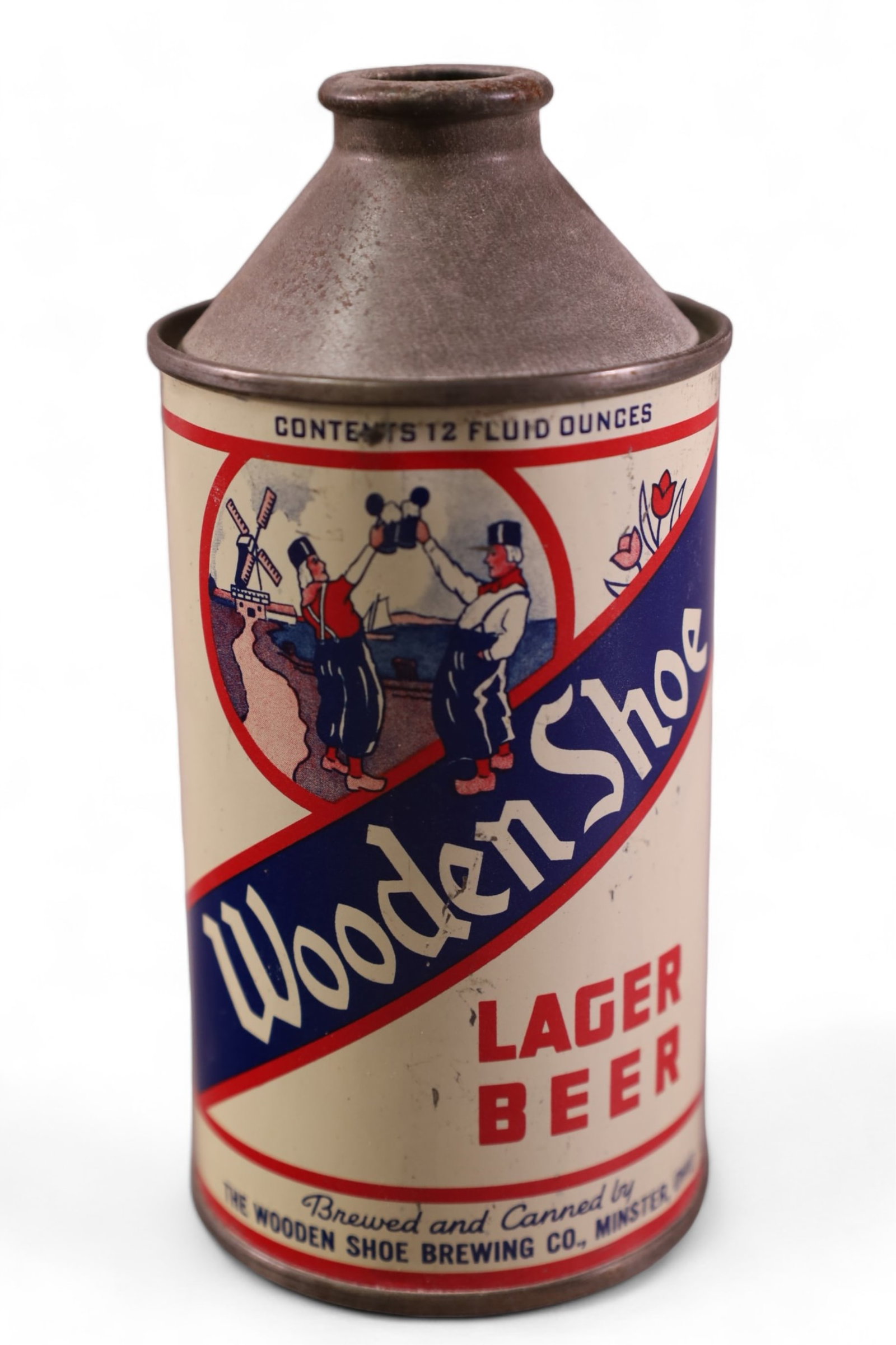 WOODEN SHOE CONE TOP BEER CAN: WOODEN SHOE CONE TOP BEER CAN WOODEN SHOE BEER CAN, SCRATCHES TO SURFACE.