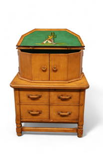 MONTEREY STYLE BAR: BROWN SALTMAN PROHIBITION ERA BAR, PAINTED INTERIOR. LOWER DOORS. FITTED INTERIOR FOR GLASSES. FINISH LOSS. 31" W x 19" D x 42" H. THIS ITEM EXCEEDS SIZE LIMITATIONS FOR IN HOUSE SHIPPING, IT MUST BE