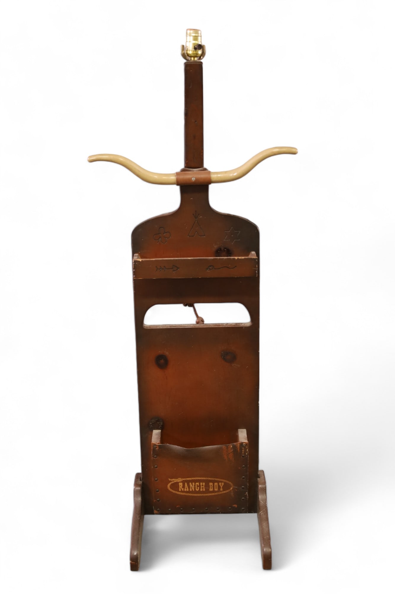WESTERN MOTIF CHILD'S VALET FLOOR LAMP: WESTERN MOTIF VALET, RANCHO BOY FLOOR LAMP, WEAR TO FINISH. 17" W x 47" H. ITEM EXCEEDS SIZE LIMITATIONS FOR IN HOUSE SHIPPING, IT MUST BE PICKED UP IN HOUSE OR SHIPPED VIA 3RD PARTY SHIPPER.