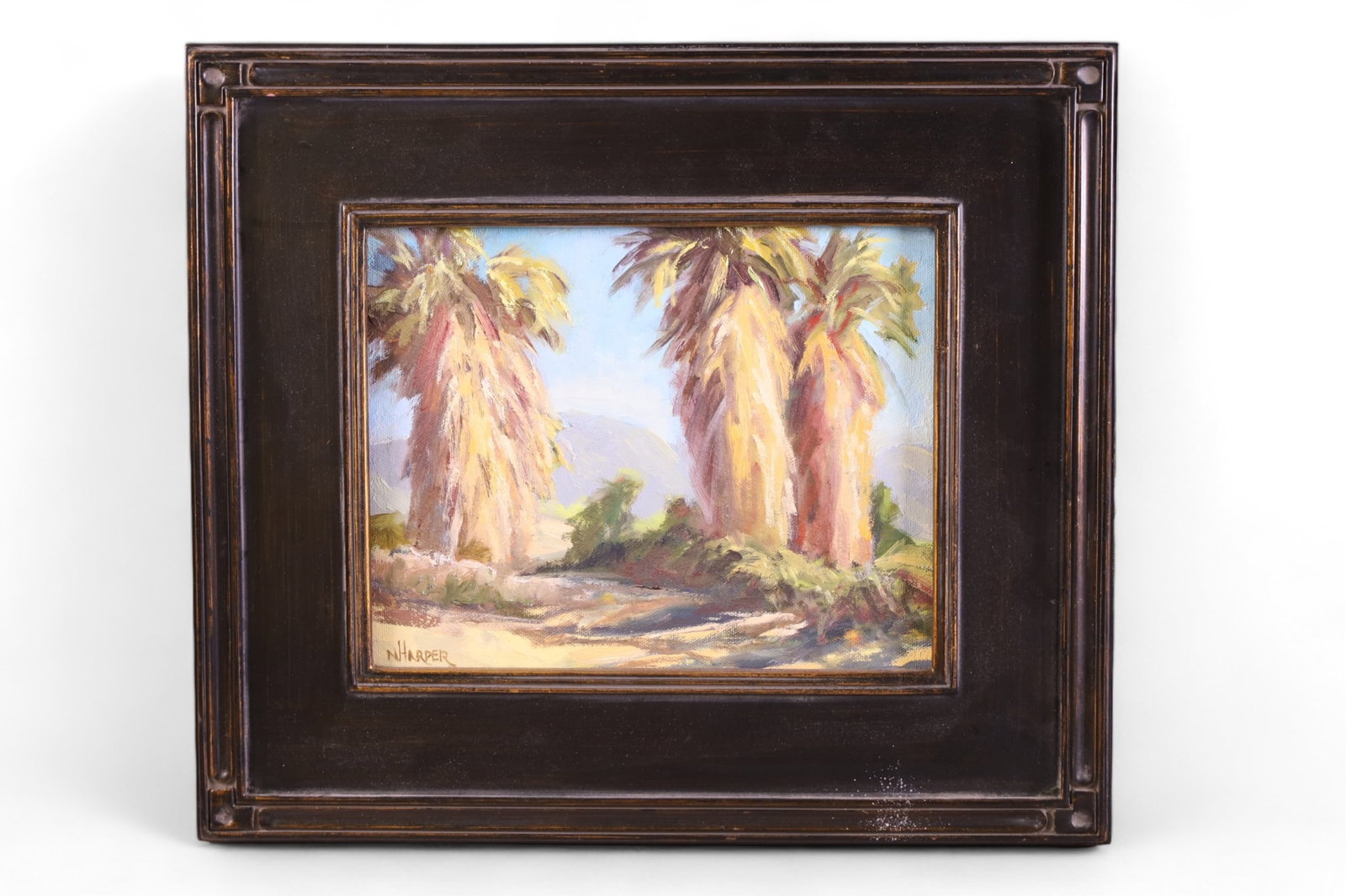 NITA HARPER CALIFORNIA LANDSCAPE PAINTING: OIL ON BOARD, SIGNED LOWER LEFT, N. HARPER COACHELLA VALLEY TRIO. 8" x 10" IMAGE SIZE / 15" x 14" IN FRAME