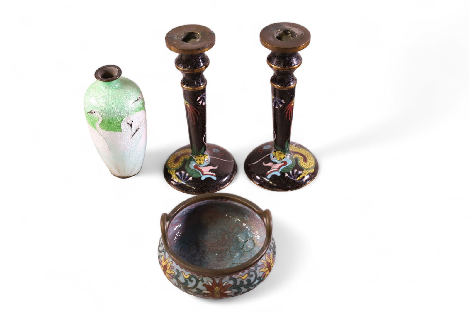 4 PIECES OF CLOISONNE: PAIR OF CANDLESTICKS & SMALL VASE. & SMALL BOWL. 2 1/2" - 6 1/2" H