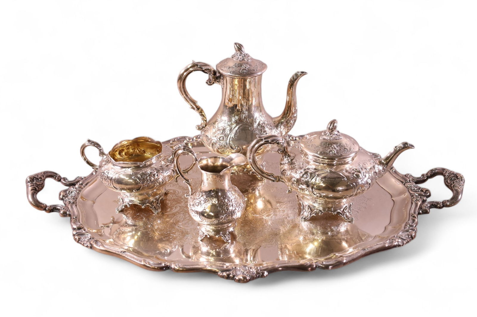 4 PIECE STERLING TEA SET & SILVERPLATE TRAY (1 of 6)